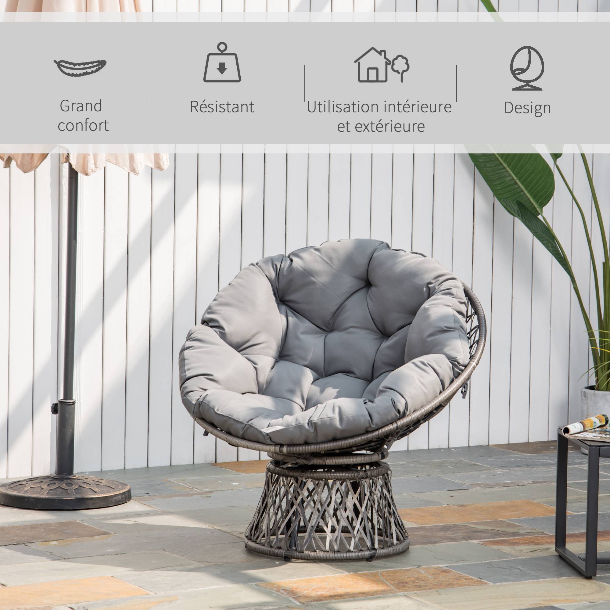 Fauteuil papasan pivotant Résine tressée Jardin Véranda Coussin épais 97cm Gris - ComfortXL Outdoor Living - Image 9