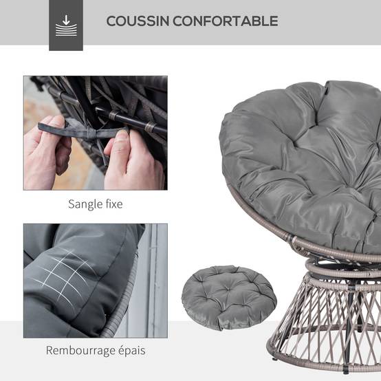 Fauteuil papasan pivotant Résine tressée Jardin Véranda Coussin épais 97cm Gris - ComfortXL Outdoor Living - Image 7