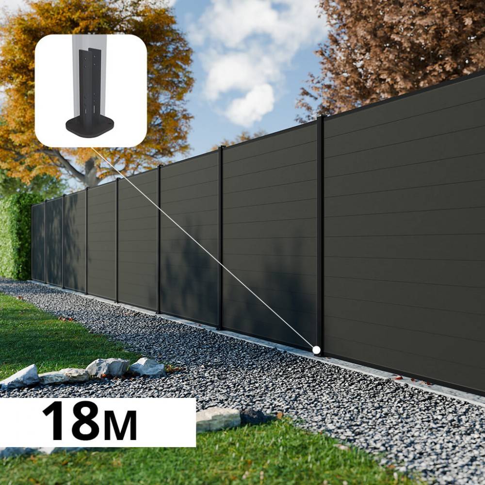 Decklinea - Kit Clôture Composite RIO Anthracite 18x1,8m - Bois composite & Aluminium - Poteaux sur Platines Noir - Brise vue - Palissade - Image 1