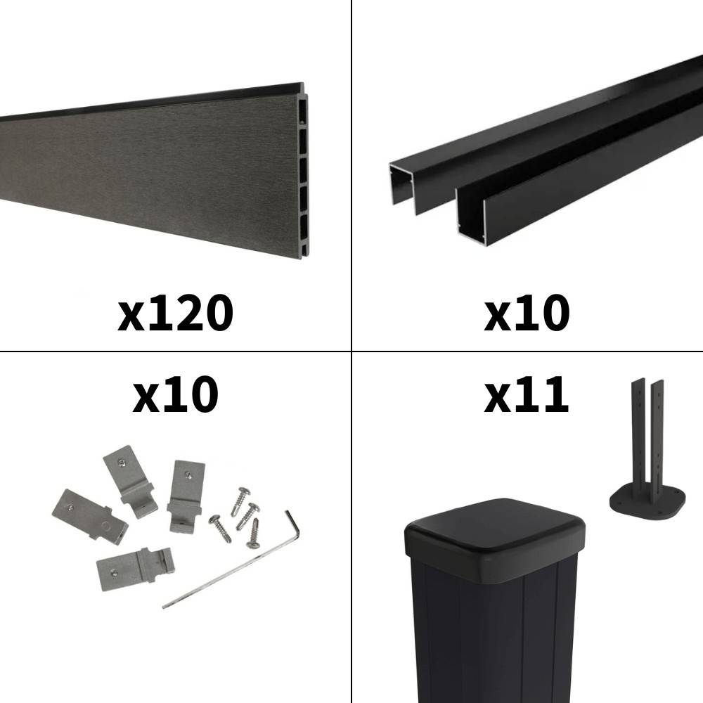 Decklinea - Kit Clôture Composite RIO Anthracite 18x1,8m - Bois composite & Aluminium - Poteaux sur Platines Noir - Brise vue - Palissade - Image 3