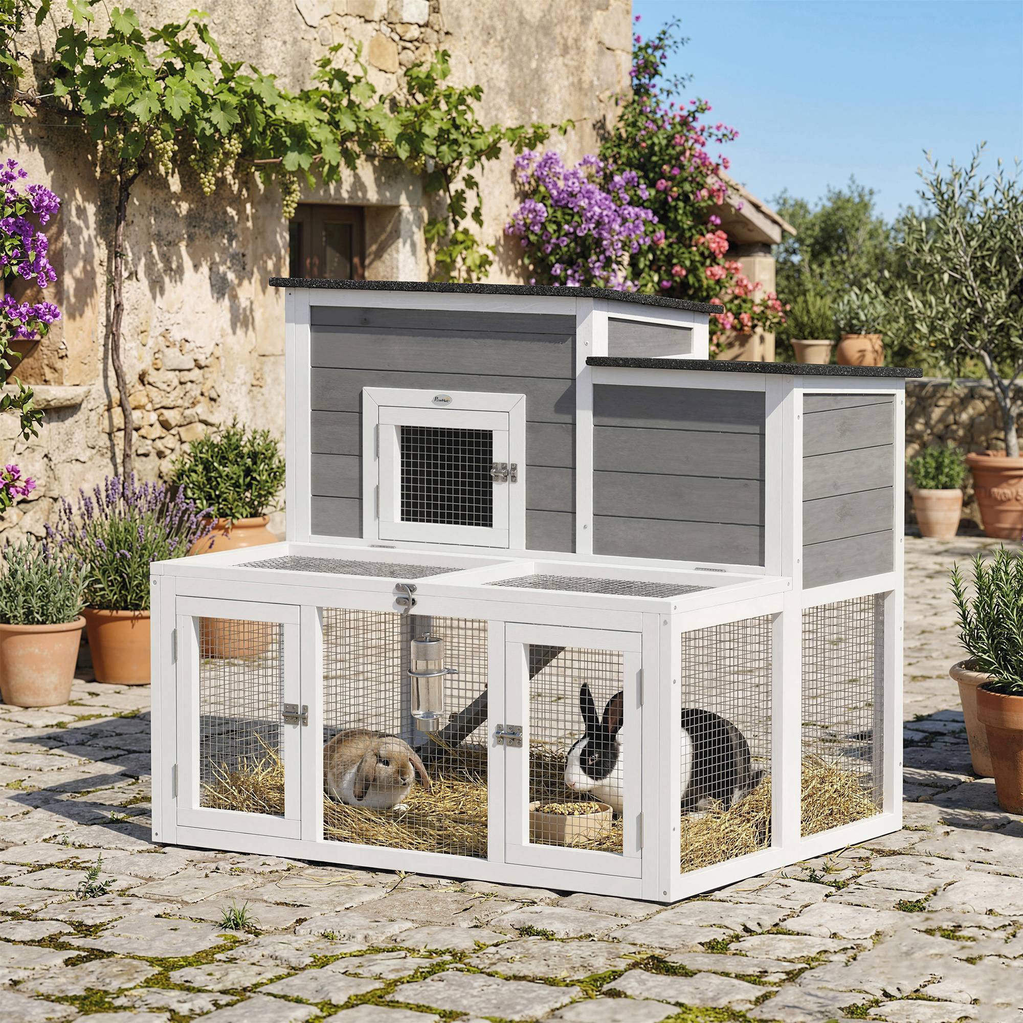Sans Marque - Clapier lapin extérieur bois cage intérieur double toit ouvrant imperméable 2 niveaux enclos gris - Image 3