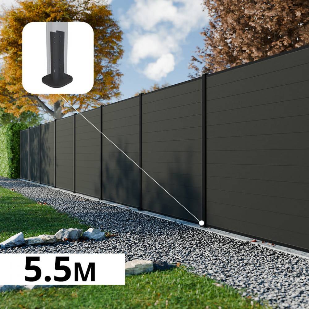 Decklinea - Kit Clôture Composite RIO Anthracite 5,5x1,8m - Bois composite & Aluminium - Poteaux sur Platines Noir - Brise vue - Palissade - Image 1