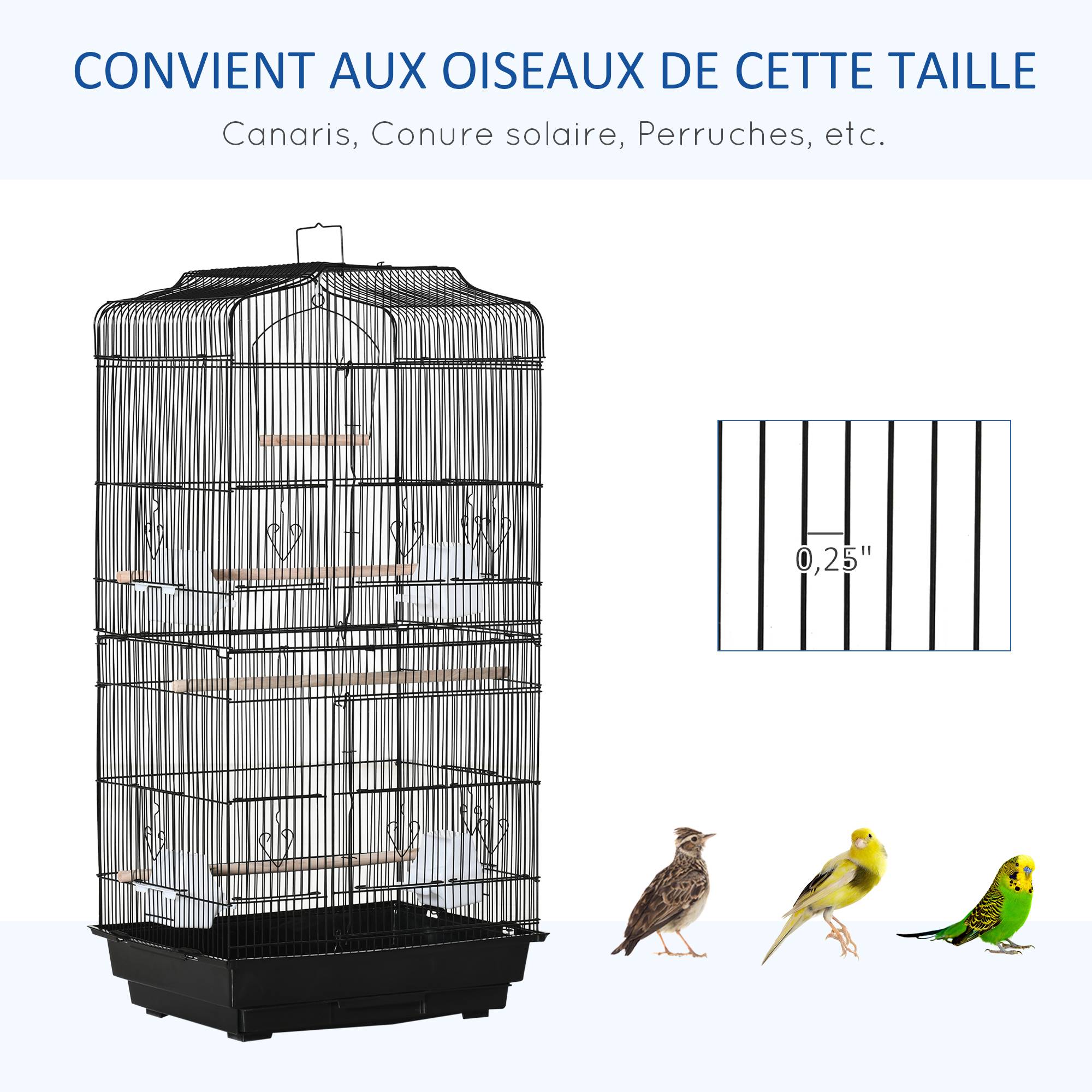 Pawhut - Cage à oiseaux volière avec mangeoires perchoirs plateau amovible dim. 46,5L x 35,5l x 92H cm métal PS noir - Imagen 7