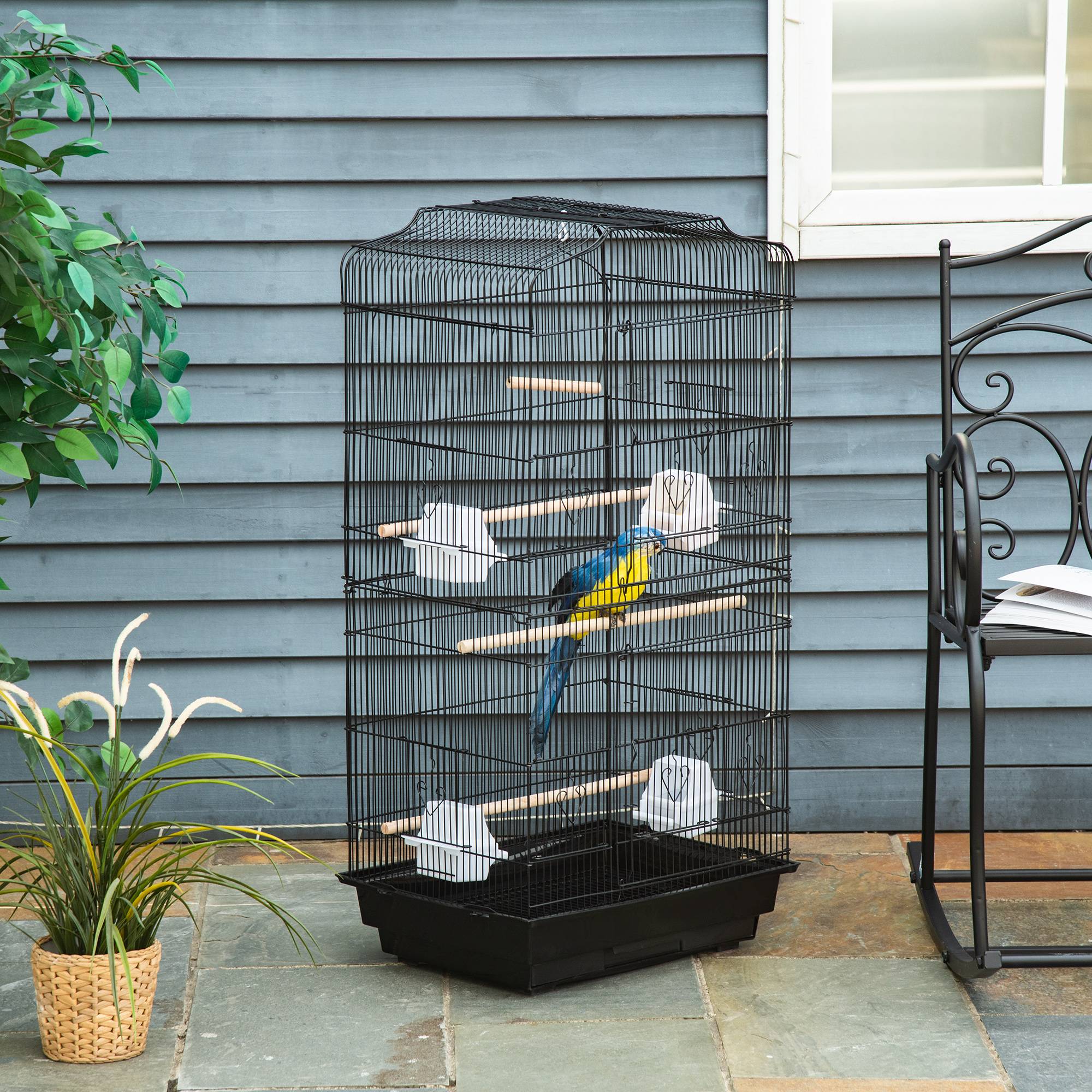 Pawhut - Cage à oiseaux volière avec mangeoires perchoirs plateau amovible dim. 46,5L x 35,5l x 92H cm métal PS noir - Imagen 2
