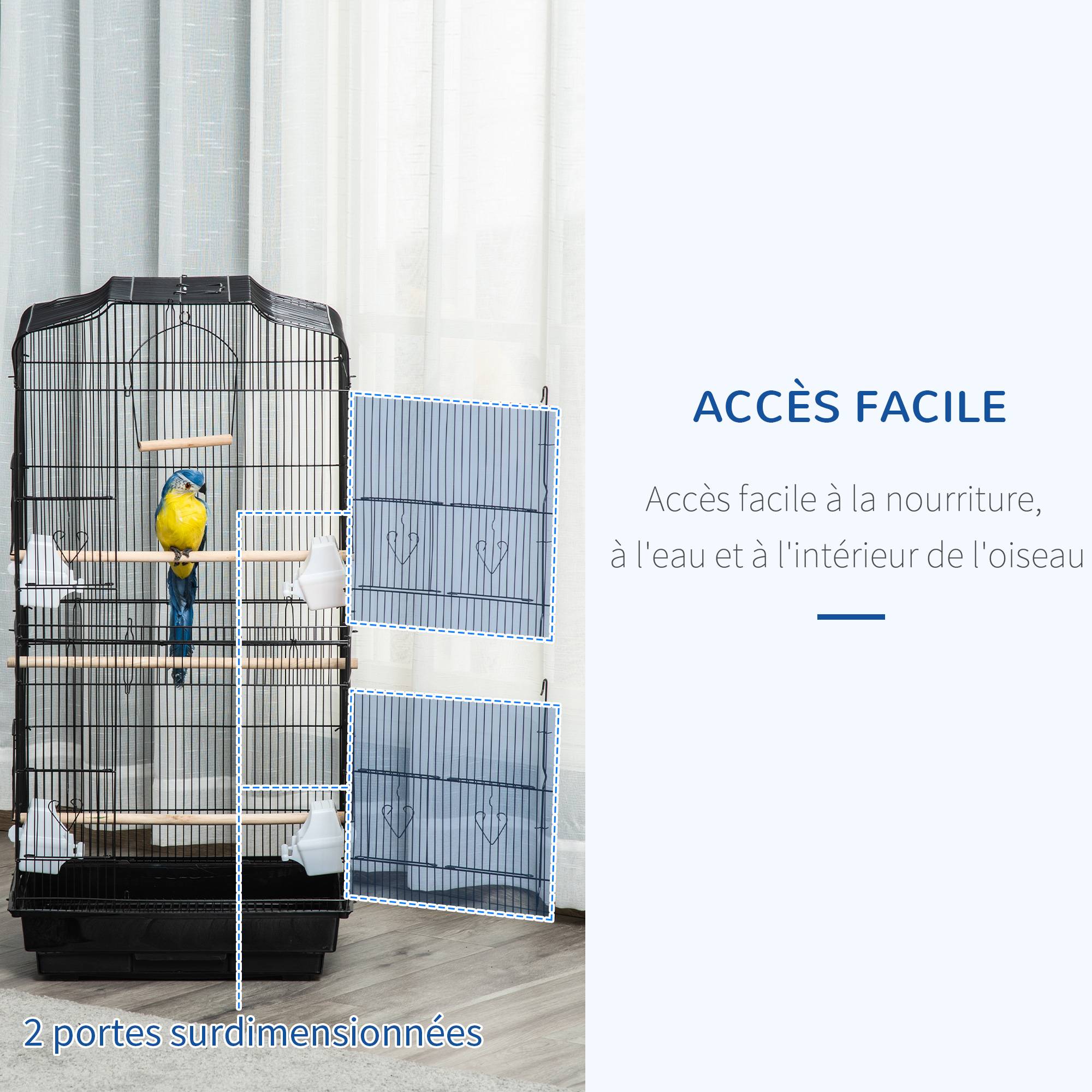 Pawhut - Cage à oiseaux volière avec mangeoires perchoirs plateau amovible dim. 46,5L x 35,5l x 92H cm métal PS noir - Imagen 6