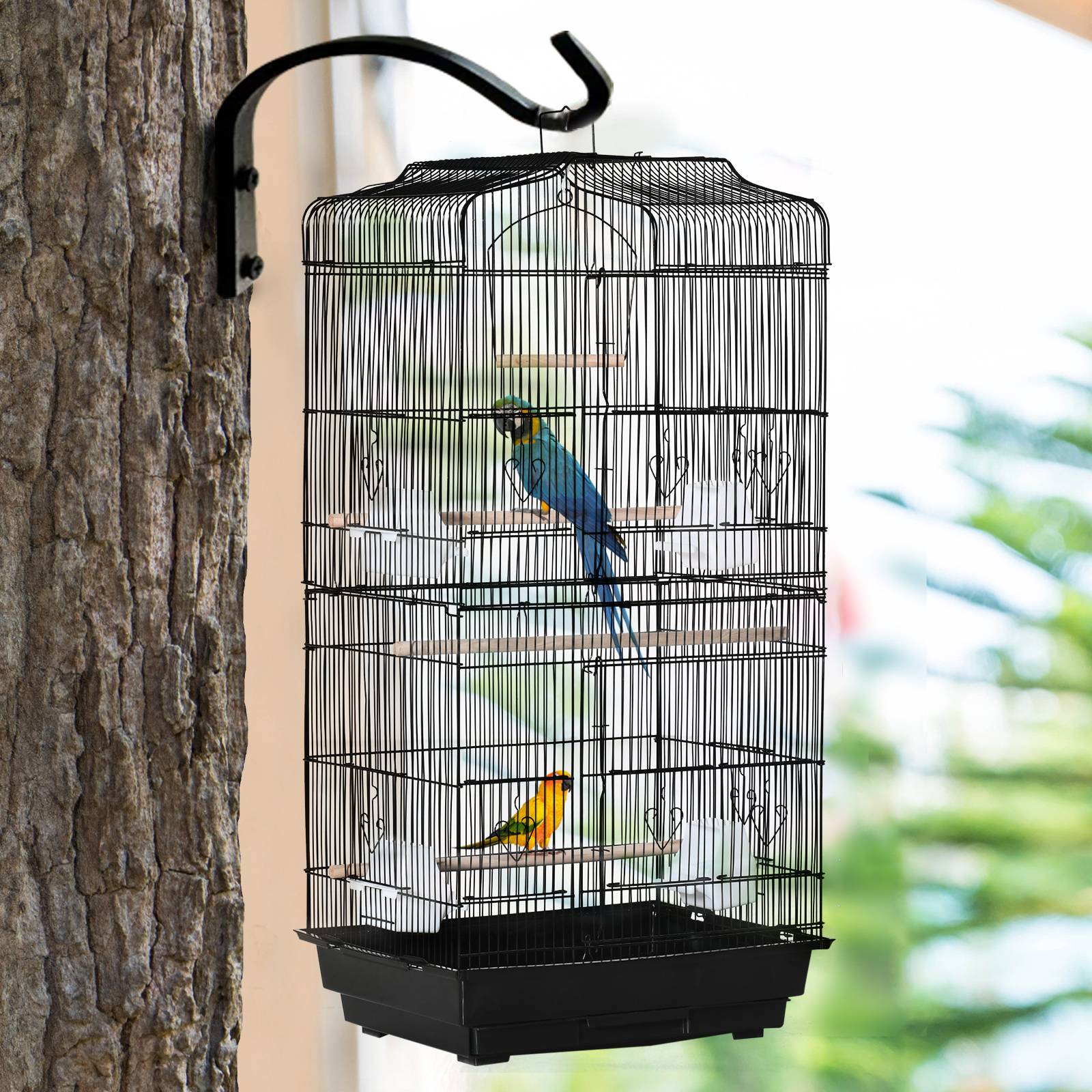 Pawhut - Cage à oiseaux volière avec mangeoires perchoirs plateau amovible dim. 46,5L x 35,5l x 92H cm métal PS noir - Imagen 8