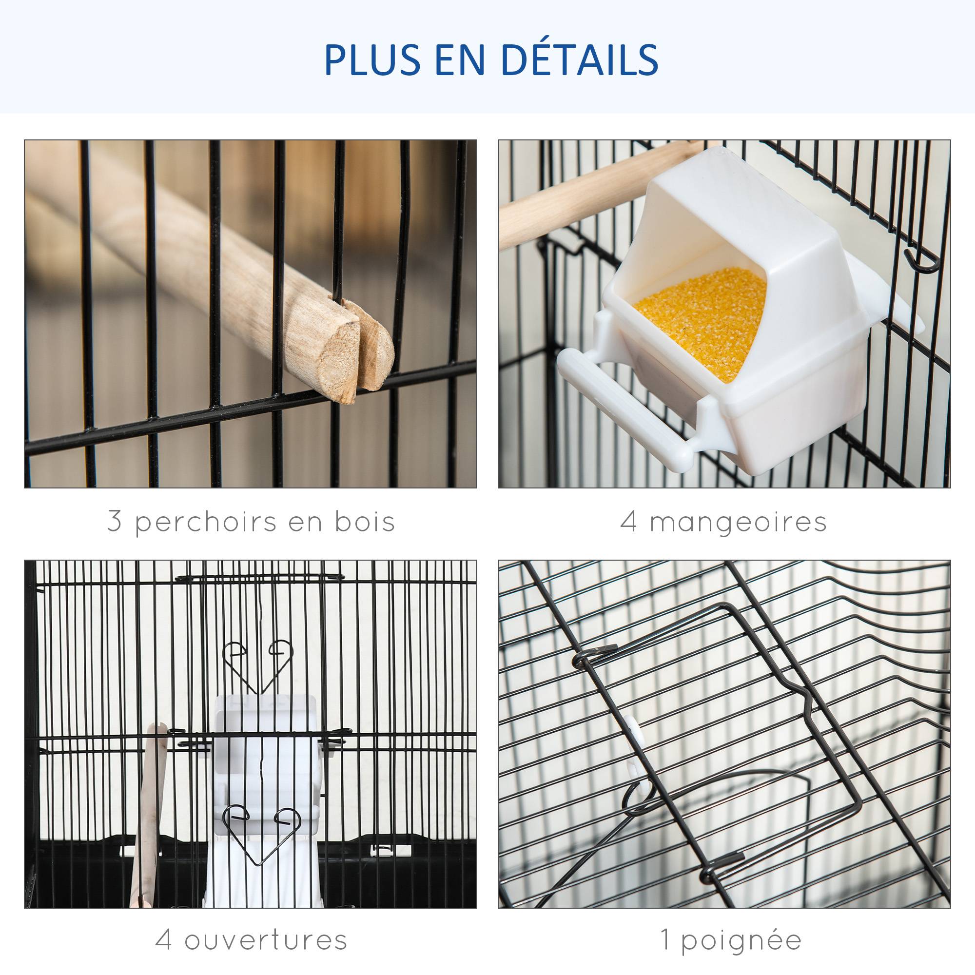 Pawhut - Cage à oiseaux volière avec mangeoires perchoirs plateau amovible dim. 46,5L x 35,5l x 92H cm métal PS noir - Imagen 4