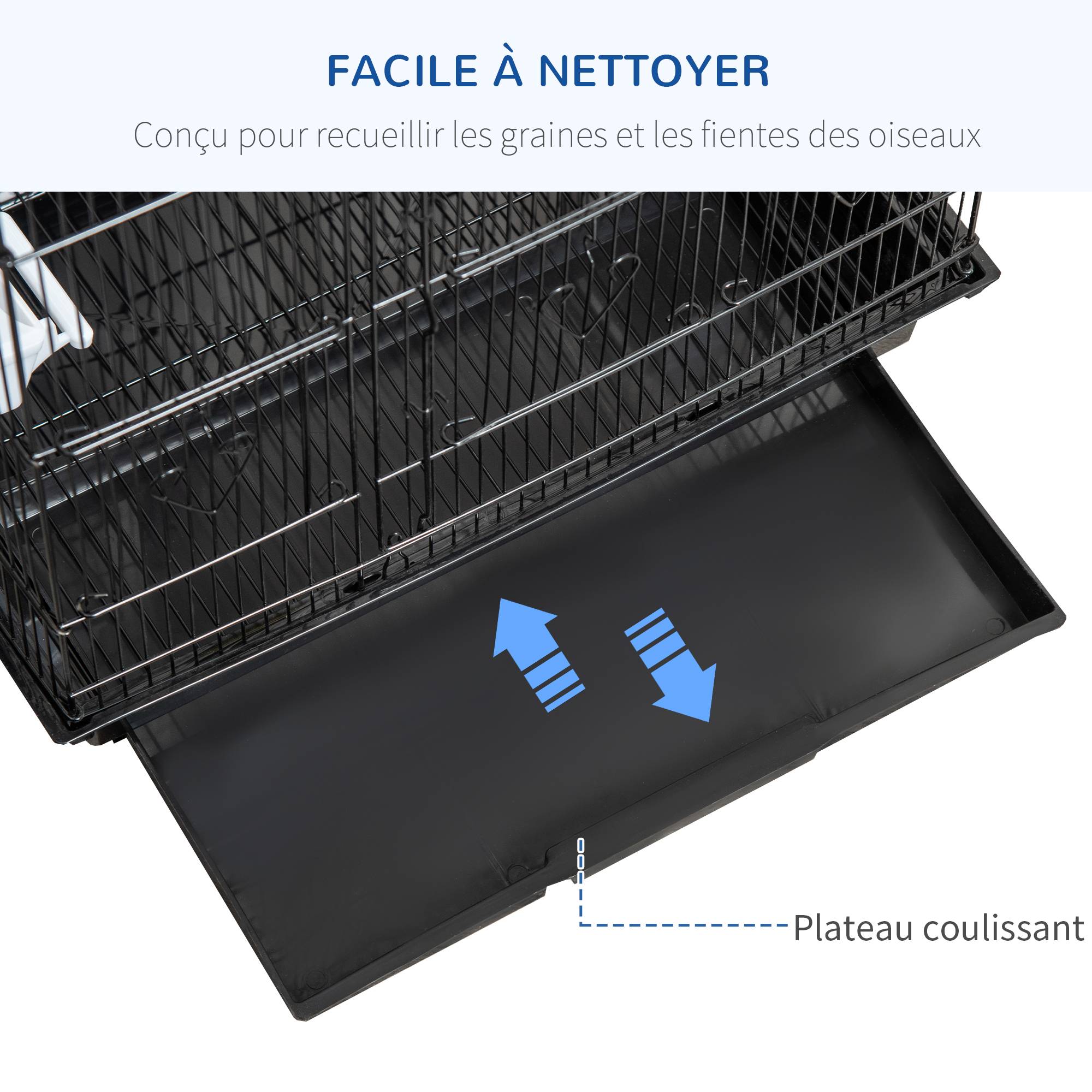 Pawhut - Cage à oiseaux volière avec mangeoires perchoirs plateau amovible dim. 46,5L x 35,5l x 92H cm métal PS noir - Imagen 5