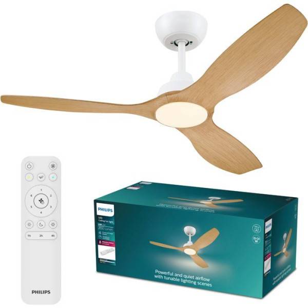 Philips - Ventilateur de Plafond - Plafonnier  - Philips - Olas - Pales fixes - Diametre 132 cm - Blanc/Bois - LED intégrée + télécommande - Image 1