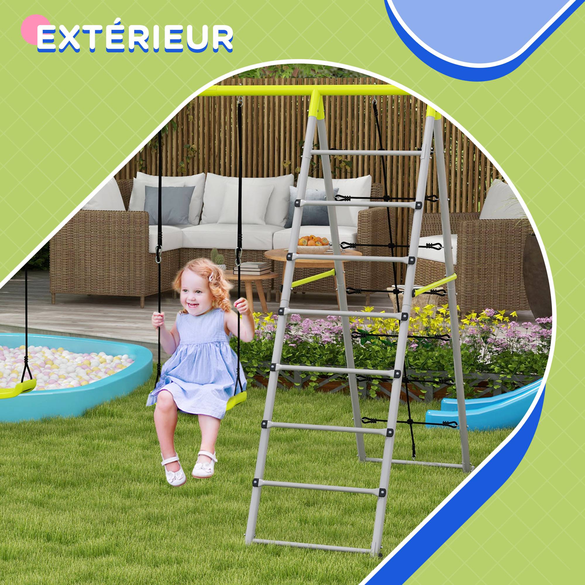ComfortXL - Portique balançoire 4 en 1 métal vert 260 x 185 x 180 cm pour jardin avec 2 sièges et espace d'escalade - Image 6