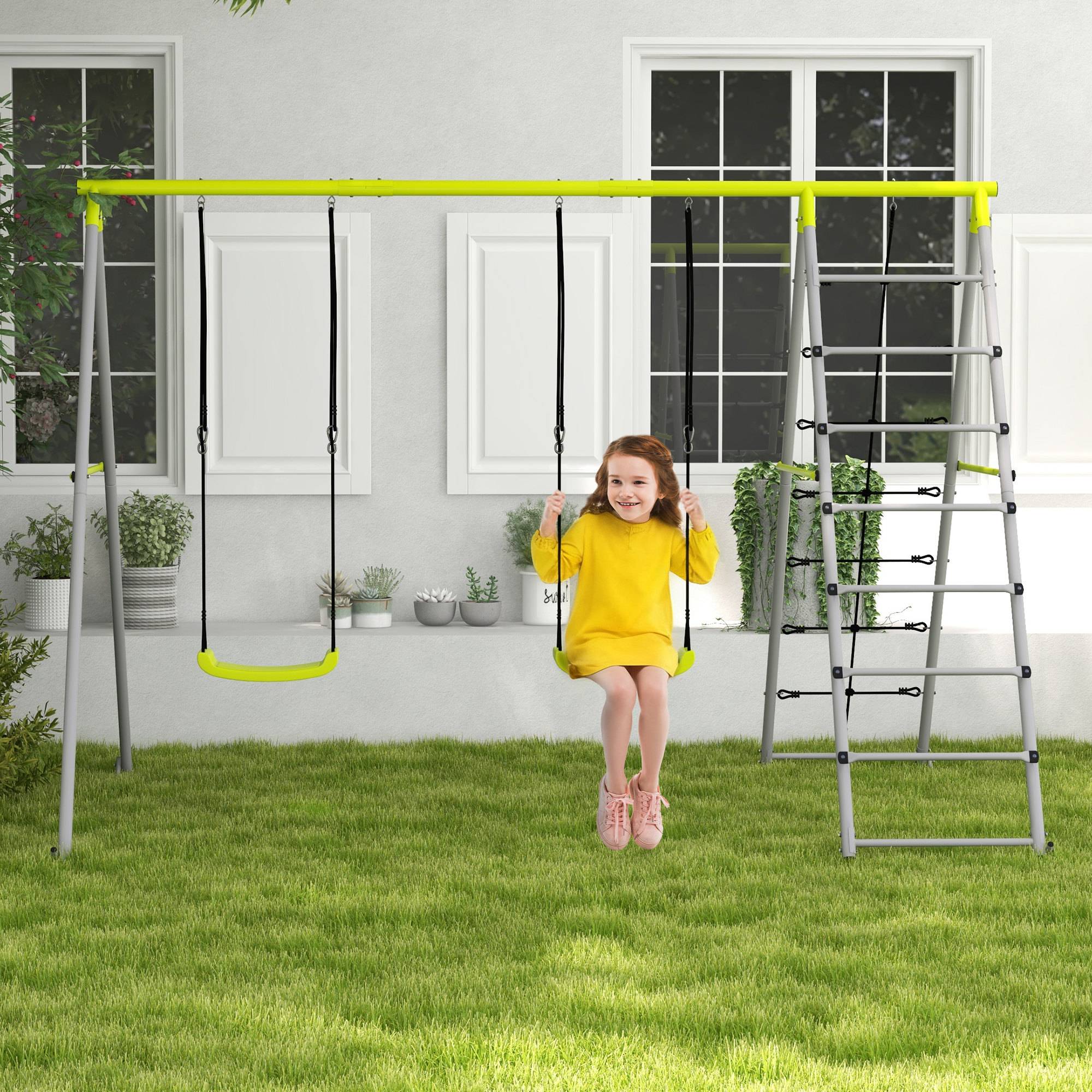 ComfortXL - Portique balançoire 4 en 1 métal vert 260 x 185 x 180 cm pour jardin avec 2 sièges et espace d'escalade - Image 1