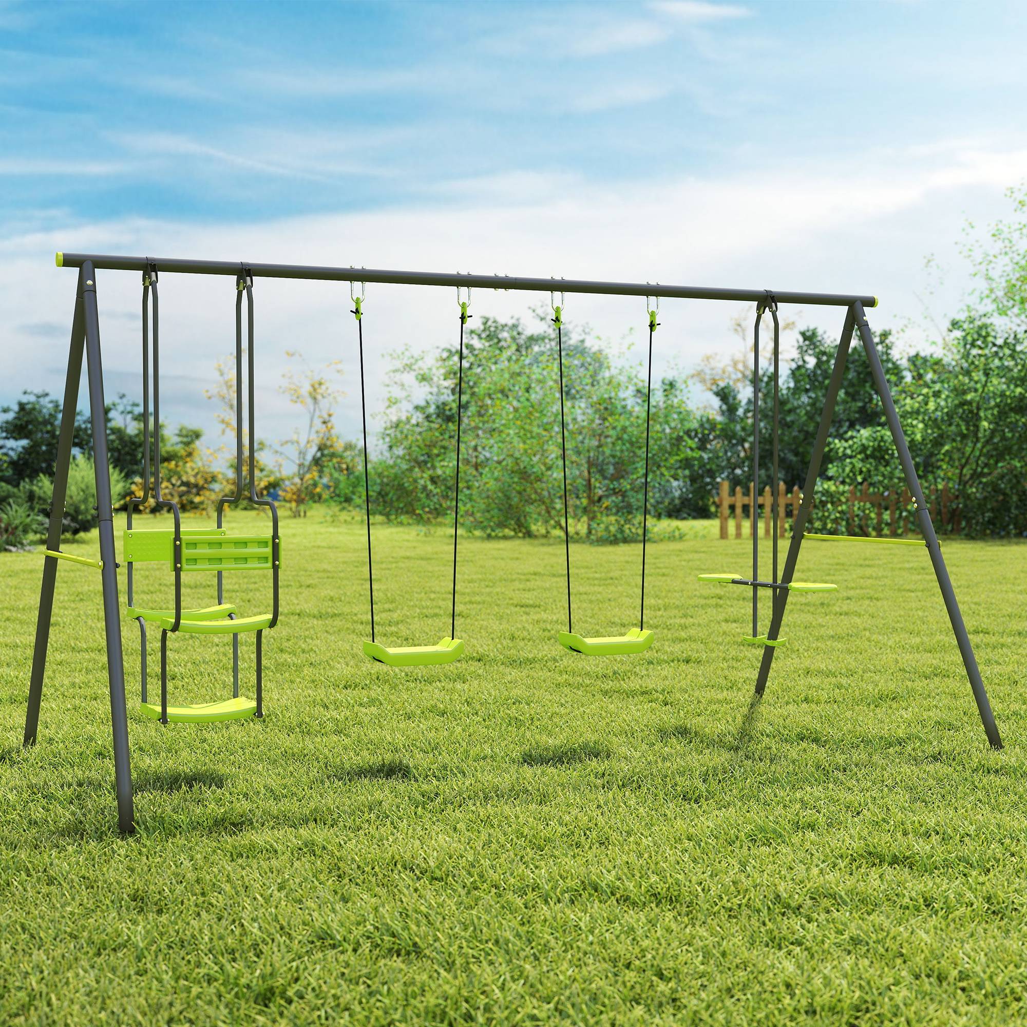 Balançoire 4 agrès portique avec balançoire - dim. 3,55L x 1,84l x 1,86H m métal époxy anticorrosion PE Gris - Image 4