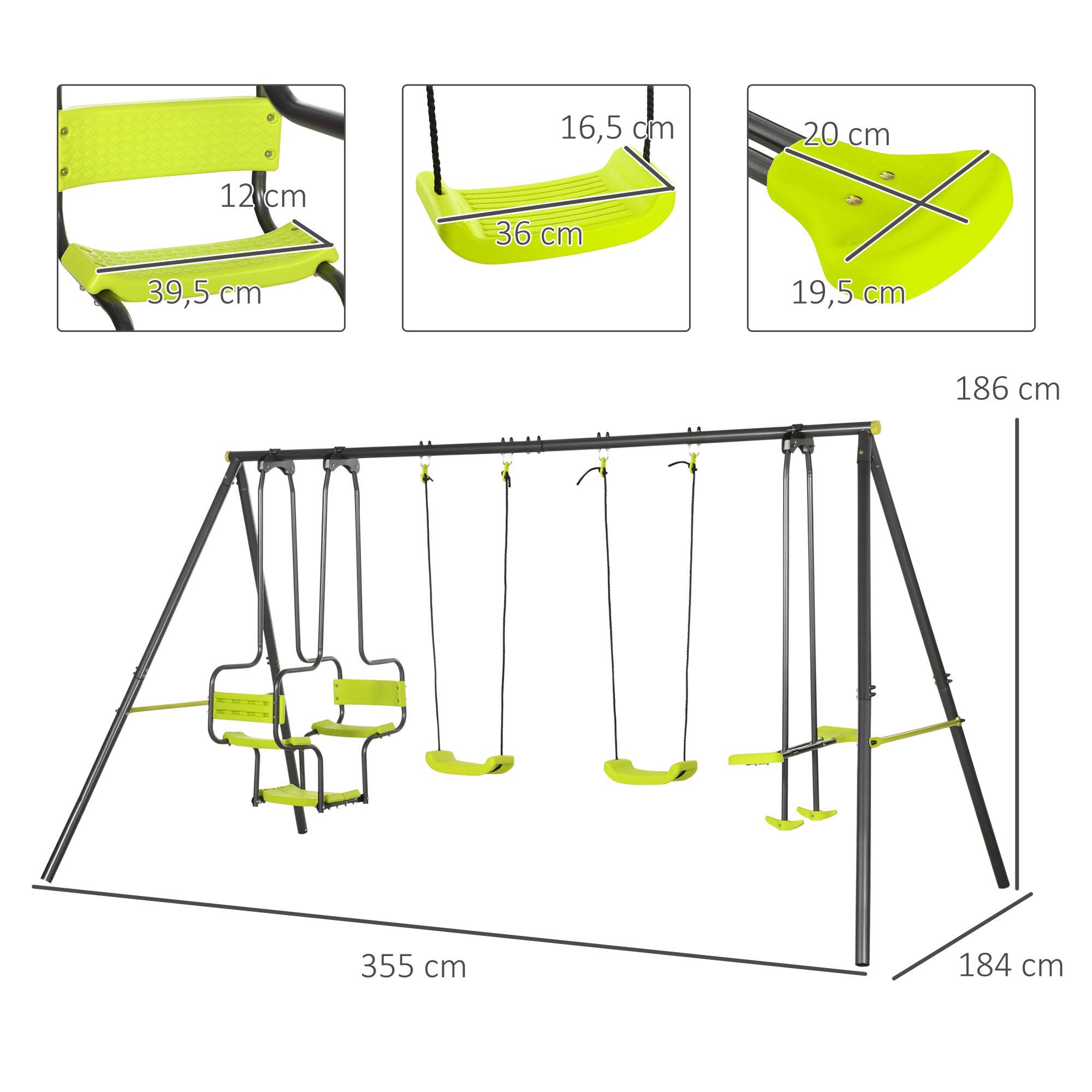 Balançoire 4 agrès portique avec balançoire - dim. 3,55L x 1,84l x 1,86H m métal époxy anticorrosion PE Gris - Image 5