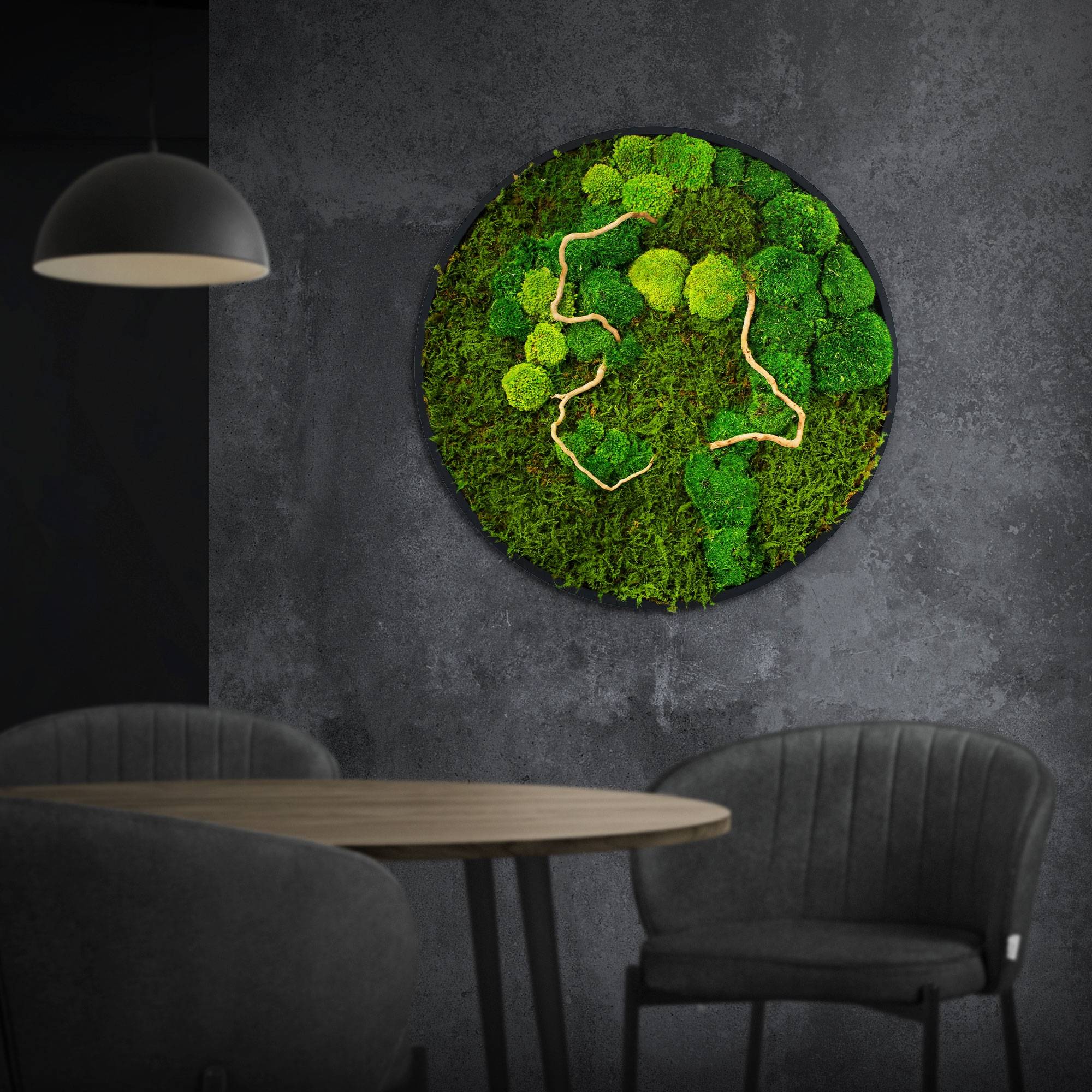 Ecd-Germany - Tableau végétal mural, mélange de mousses stabilisées et de branches, rond Ø60cm, vert, décoration d'intérieur effet 3D, sans entretien, pièce unique - Image 1