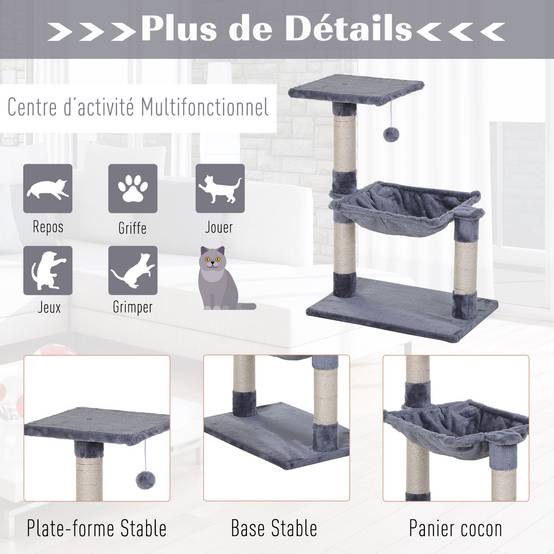 Arbre à chat avec sisal pour félin plateforme hamac et boule jeu 70cm gris - ComfortXL Outdoor Living - Image 7