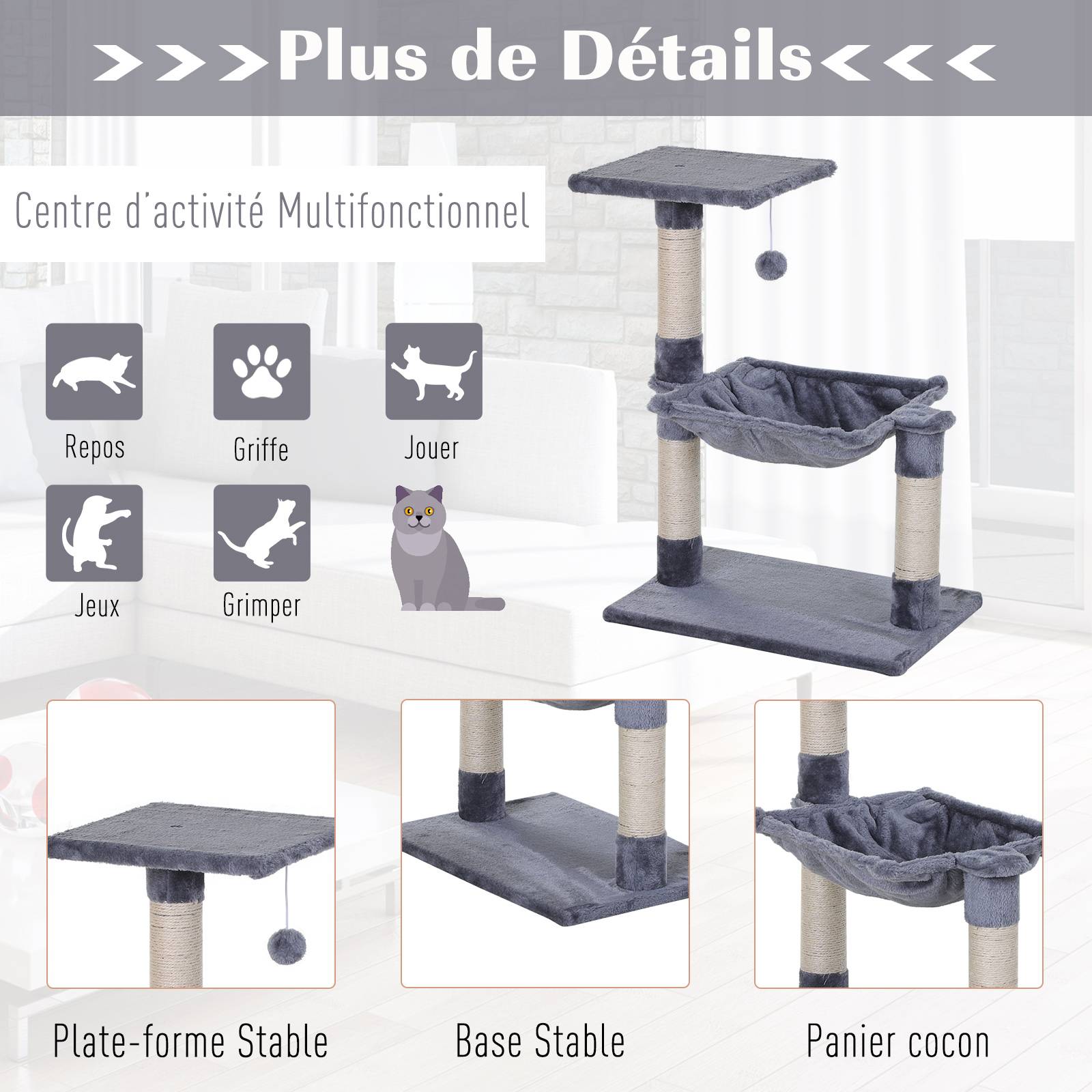 Arbre à chat avec sisal pour félin plateforme hamac et boule jeu 70cm gris - ComfortXL Outdoor Living - Image 7
