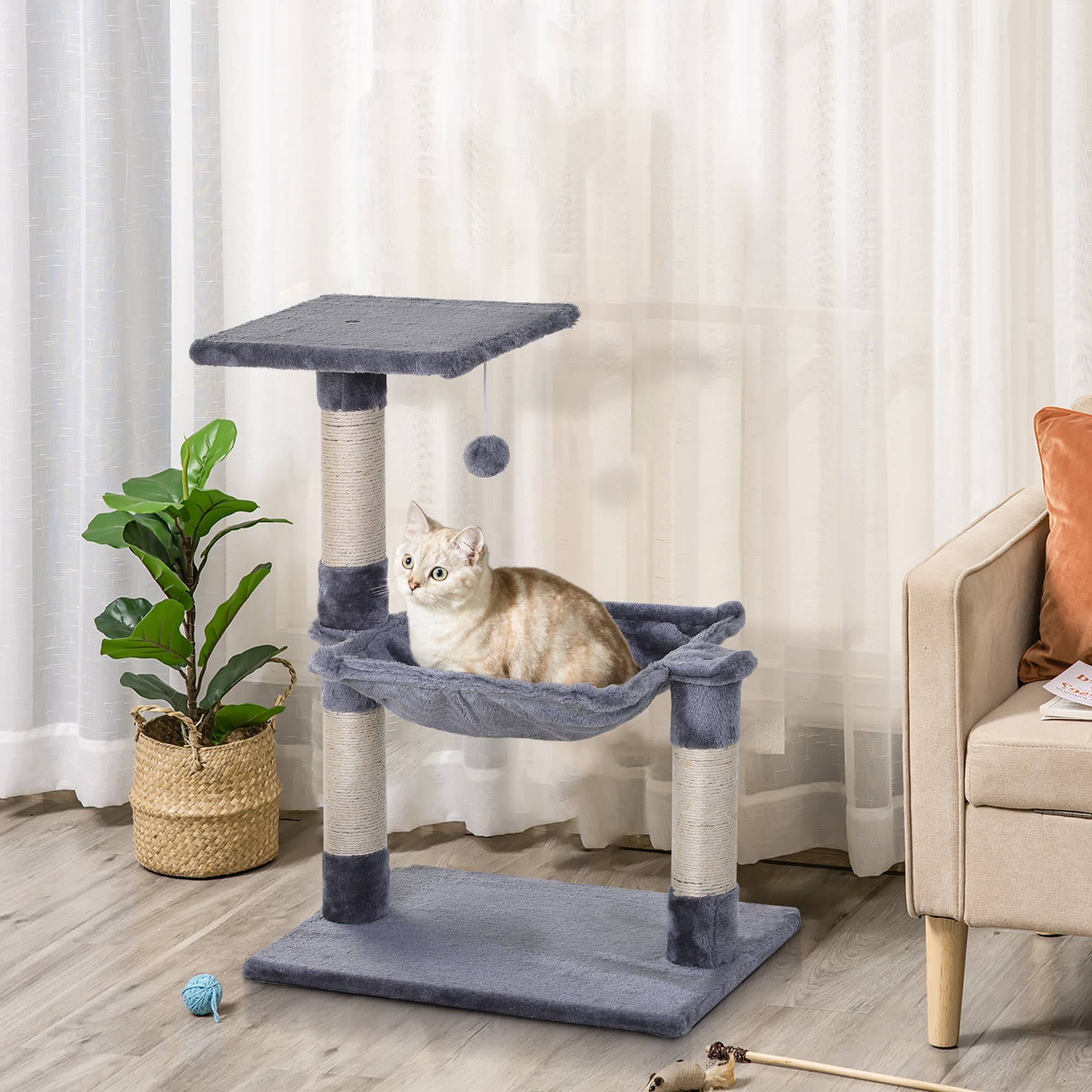 Arbre à chat avec sisal pour félin plateforme hamac et boule jeu 70cm gris - ComfortXL Outdoor Living - Image 3