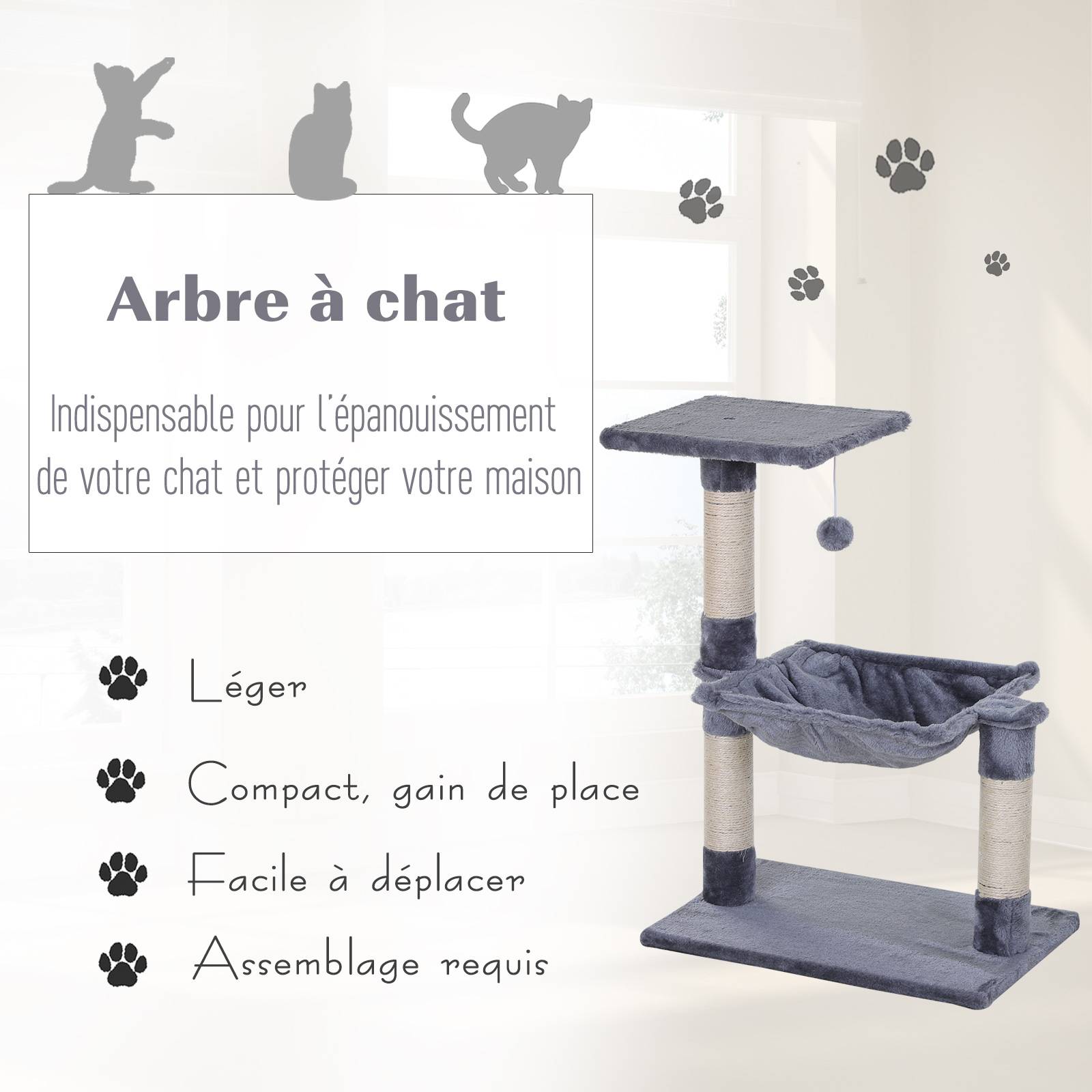 Arbre à chat avec sisal pour félin plateforme hamac et boule jeu 70cm gris - ComfortXL Outdoor Living - Image 6