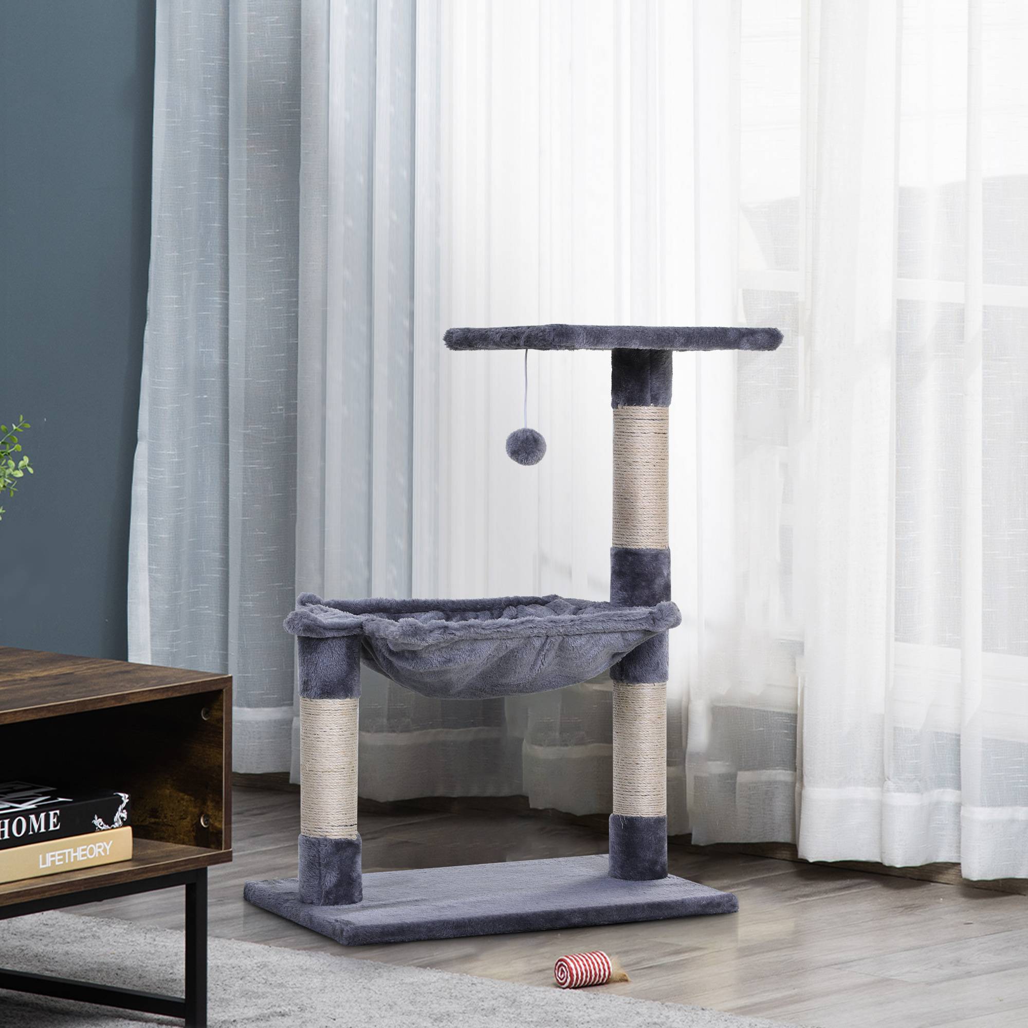 Arbre à chat avec sisal pour félin plateforme hamac et boule jeu 70cm gris - ComfortXL Outdoor Living - Image 4