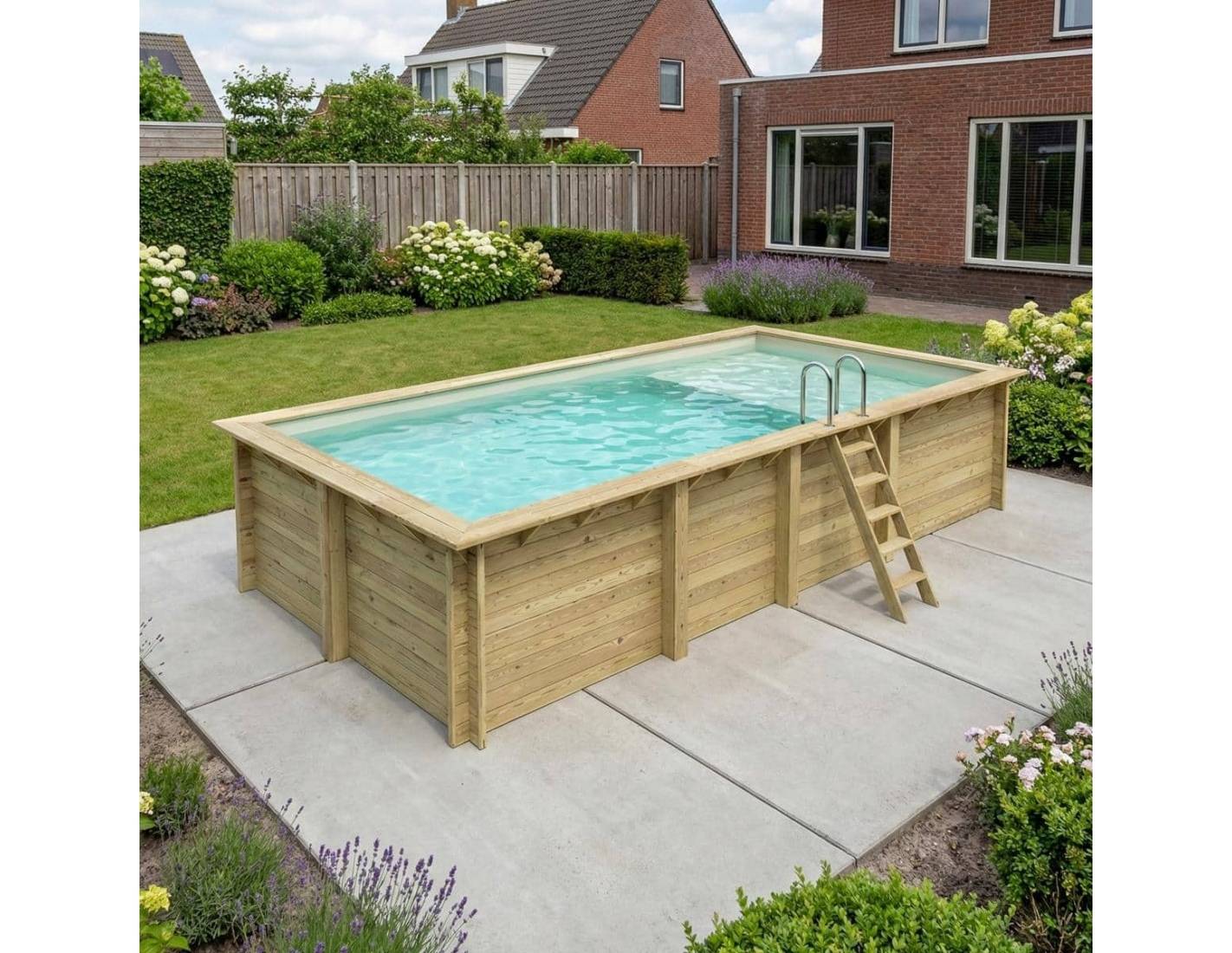 Altanka - Piscine hors sol en bois AQUA 7 x 3.75 - H.1.45 m avec plage, sable, fixations à sceller - BAS7308OSPI3+PLA308 - ALTANKA - Image 1