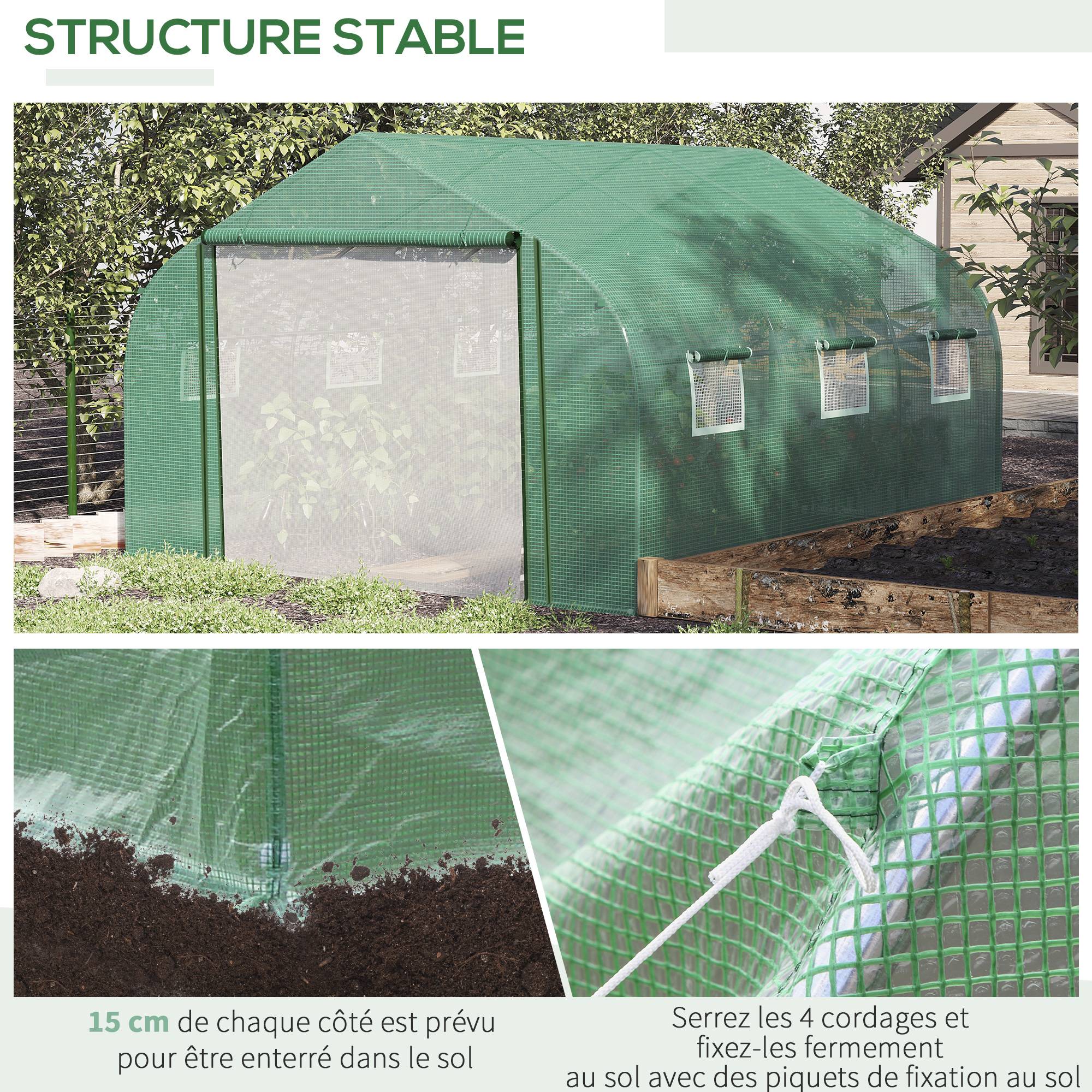 Serre Tunnel de Jardin Grande 3.5 x 3 x 2 m - 6 fenêtres et Porte zippée Enroulable - Acier galvanisé PE Haute densité Vert - Image 7