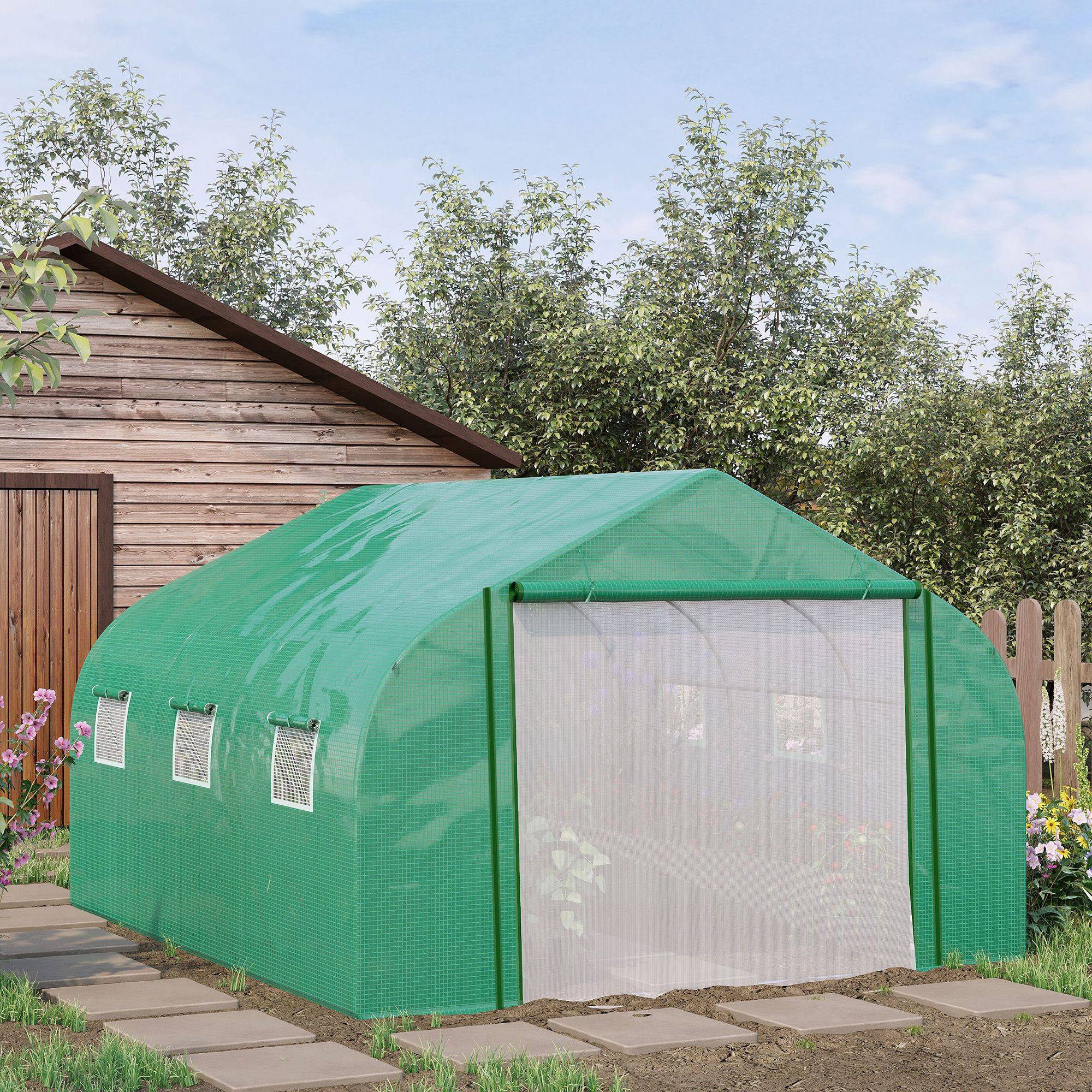 Serre Tunnel de Jardin Grande 3.5 x 3 x 2 m - 6 fenêtres et Porte zippée Enroulable - Acier galvanisé PE Haute densité Vert - Image 2