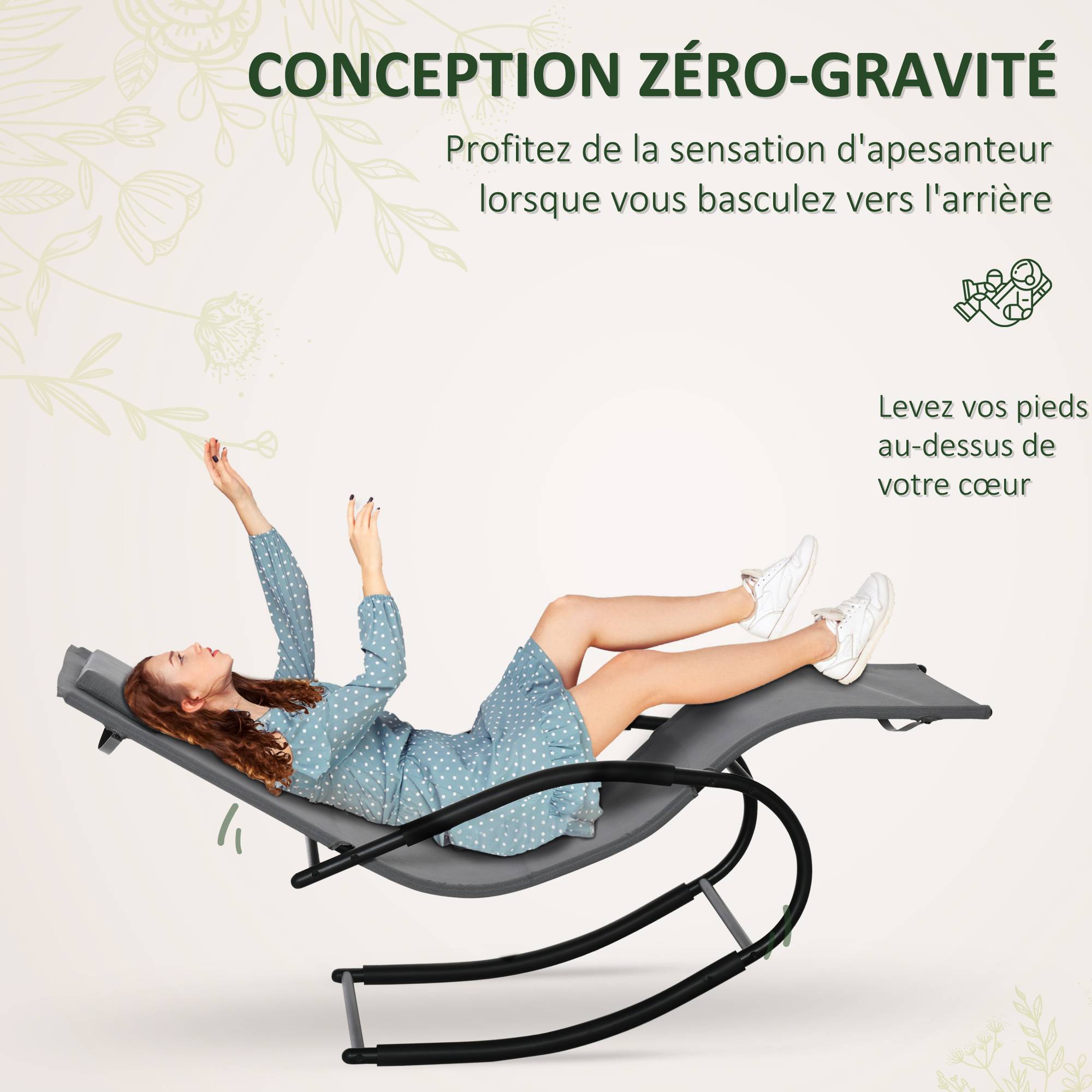 Chaise longue à bascule métal galvanisé gris 150 x 62 x 84 cm - PANGIVO - Image 7