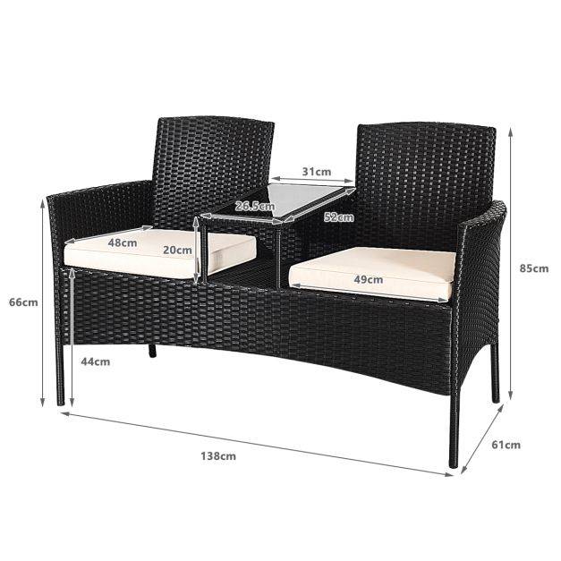 Helloshop26 - Banc salon de jardin en polyrotin anti-uv 2 places table intégrée en verre trempé avec coussins epais 138 x 61 x 85 cm noir+blanc - Imagen 6