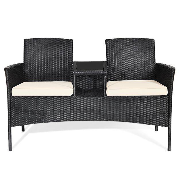 Helloshop26 - Banc salon de jardin en polyrotin anti-uv 2 places table intégrée en verre trempé avec coussins epais 138 x 61 x 85 cm noir+blanc - Imagen 2