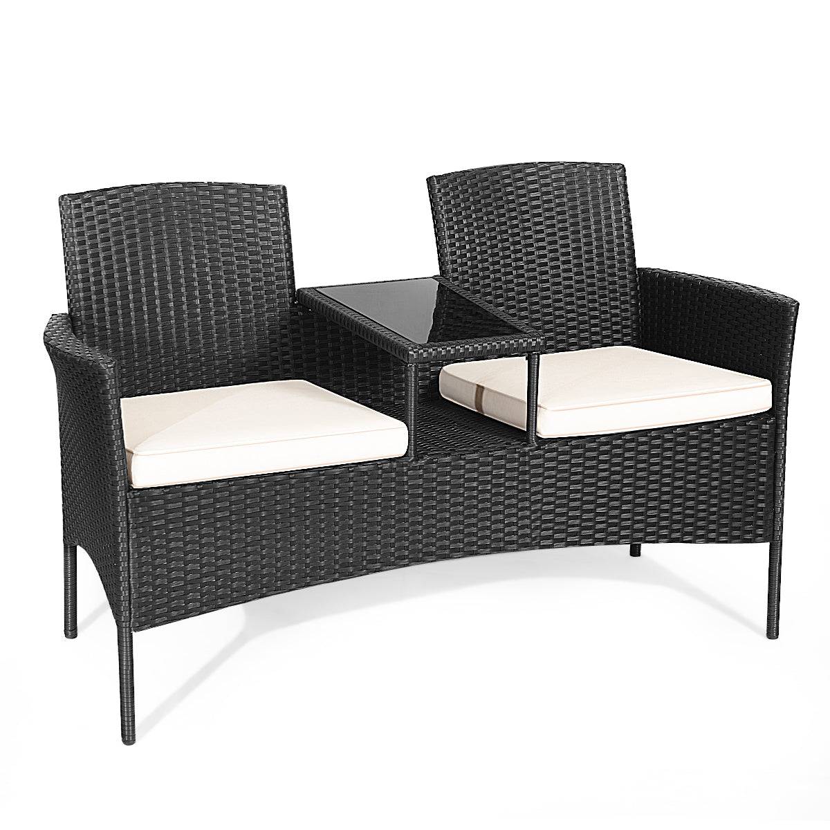Helloshop26 - Banc salon de jardin en polyrotin anti-uv 2 places table intégrée en verre trempé avec coussins epais 138 x 61 x 85 cm noir+blanc - Imagen 1