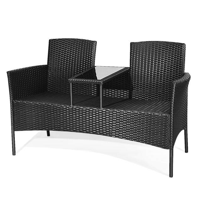 Helloshop26 - Banc salon de jardin en polyrotin anti-uv 2 places table intégrée en verre trempé avec coussins epais 138 x 61 x 85 cm noir+blanc - Imagen 3