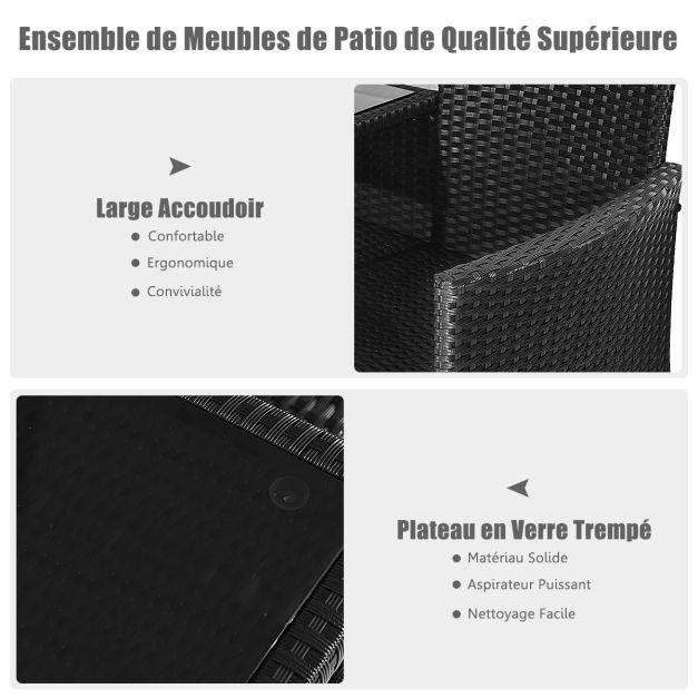 Helloshop26 - Banc salon de jardin en polyrotin anti-uv 2 places table intégrée en verre trempé avec coussins epais 138 x 61 x 85 cm noir+blanc - Imagen 5