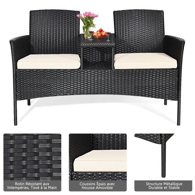 Helloshop26 - Banc salon de jardin en polyrotin anti-uv 2 places table intégrée en verre trempé avec coussins epais 138 x 61 x 85 cm noir+blanc - Imagen 4