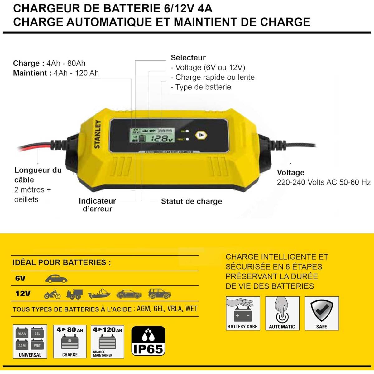 stanley - Chargeur de batterie intelligent 4A 230V 6/12V Voiture Moto Microprocesseur Ecran LCD Maintient de charge Stanley - Imagen 4