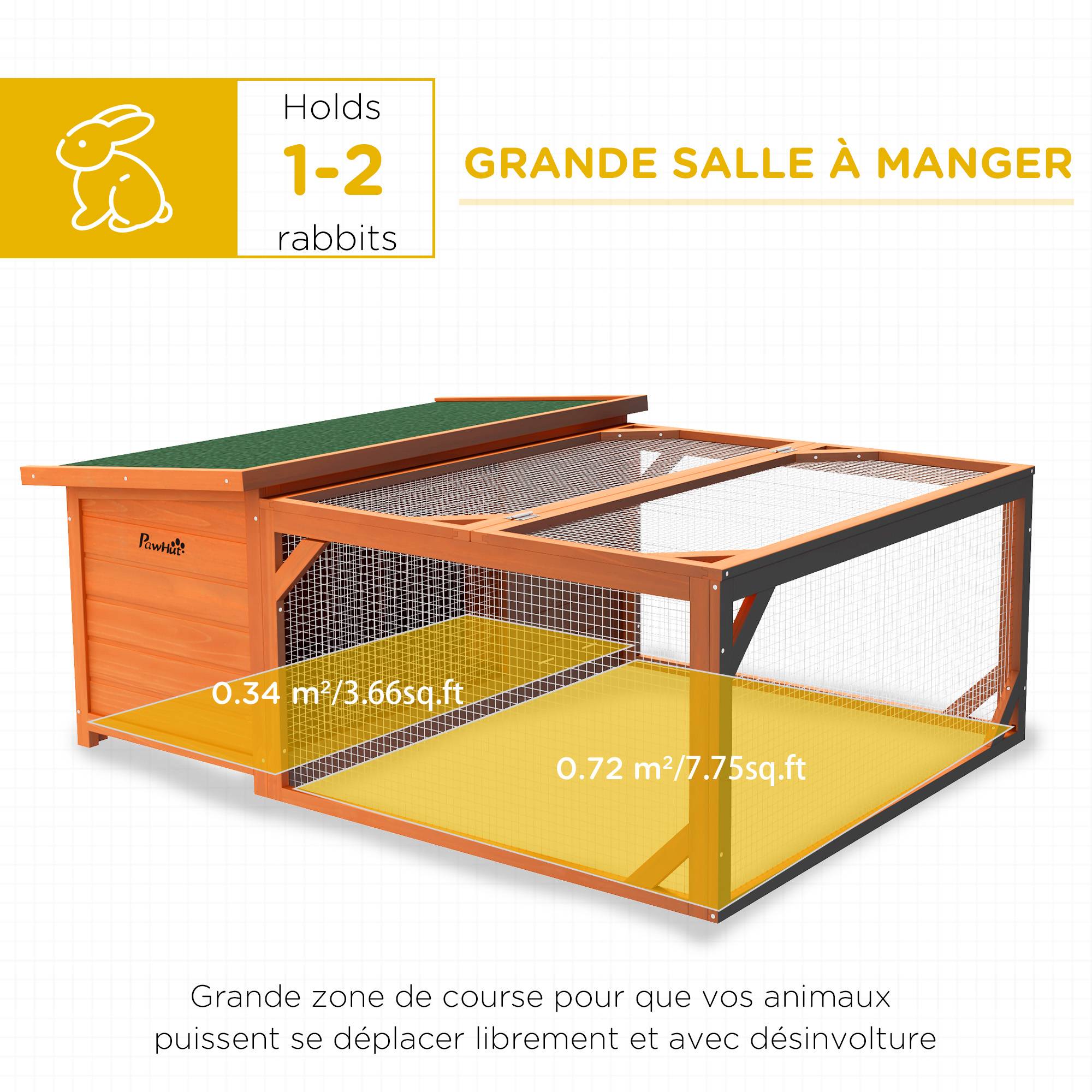 Clapier lapin extérieur bois sapin avec enclos toit asphalte ouvrant 125x100x49cm orange - ComfortXL Outdoor Living - Image 6