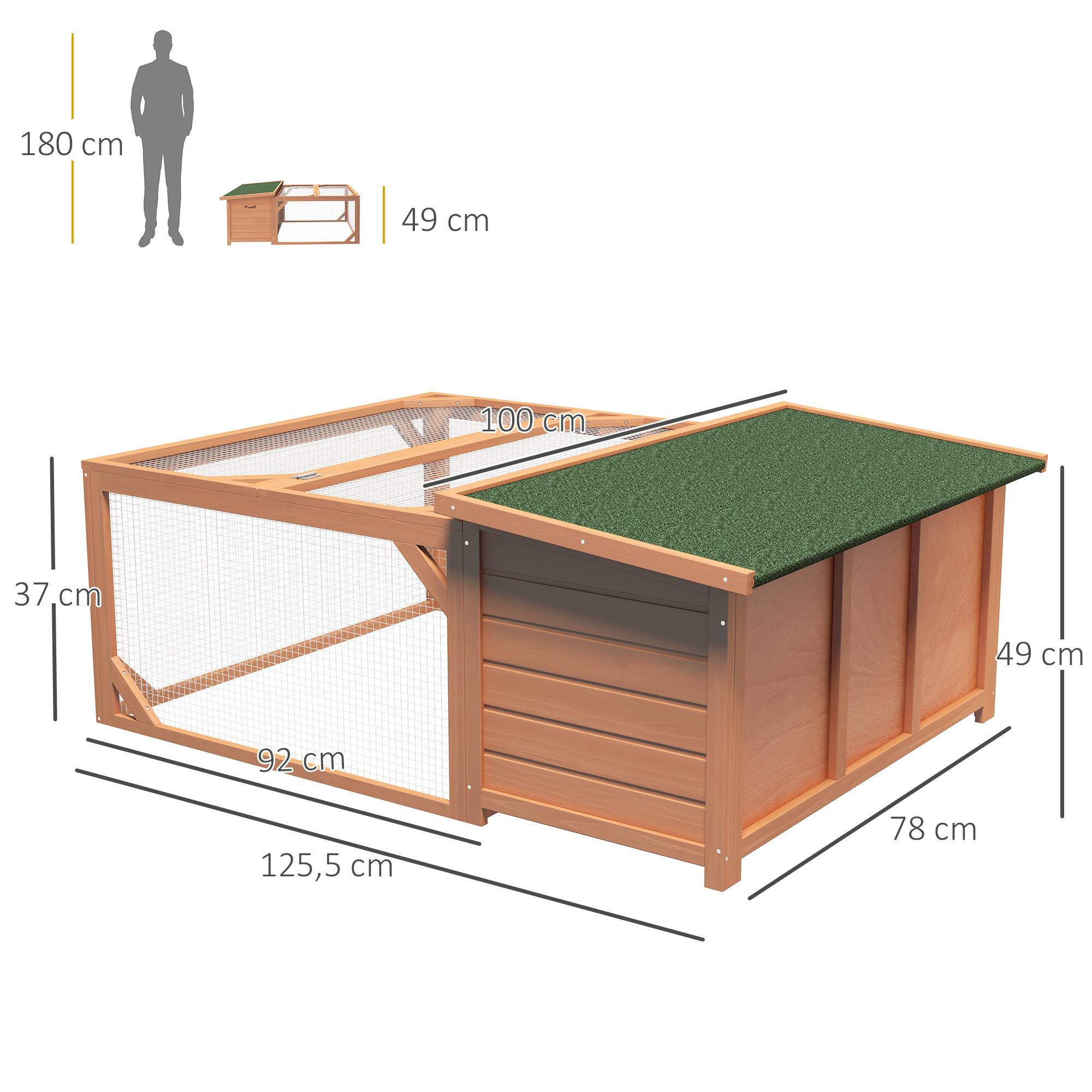 Clapier lapin extérieur bois sapin avec enclos toit asphalte ouvrant 125x100x49cm orange - ComfortXL Outdoor Living - Image 5