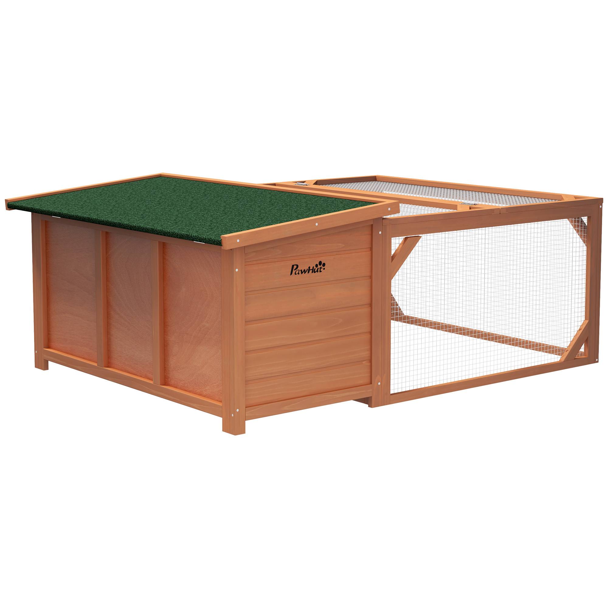 Clapier lapin extérieur bois sapin avec enclos toit asphalte ouvrant 125x100x49cm orange - ComfortXL Outdoor Living - Image 1