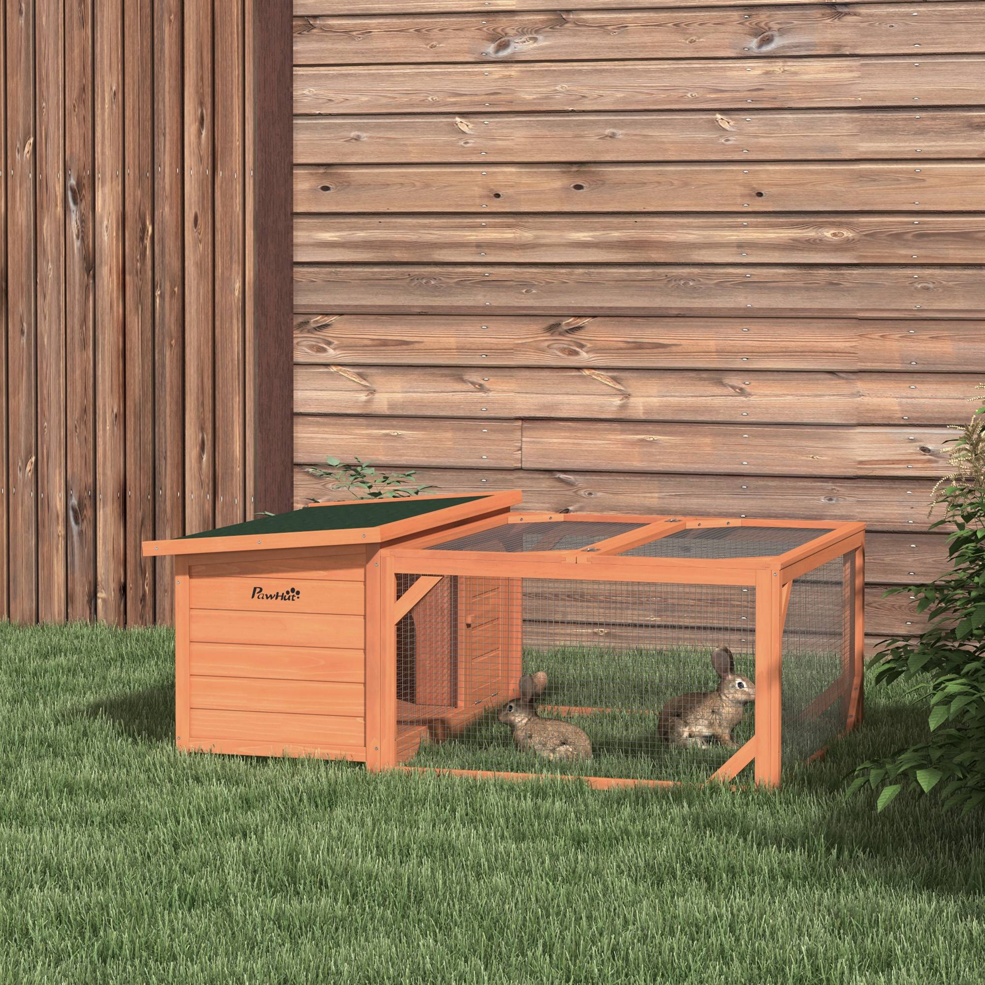 Clapier lapin extérieur bois sapin avec enclos toit asphalte ouvrant 125x100x49cm orange - ComfortXL Outdoor Living - Image 3