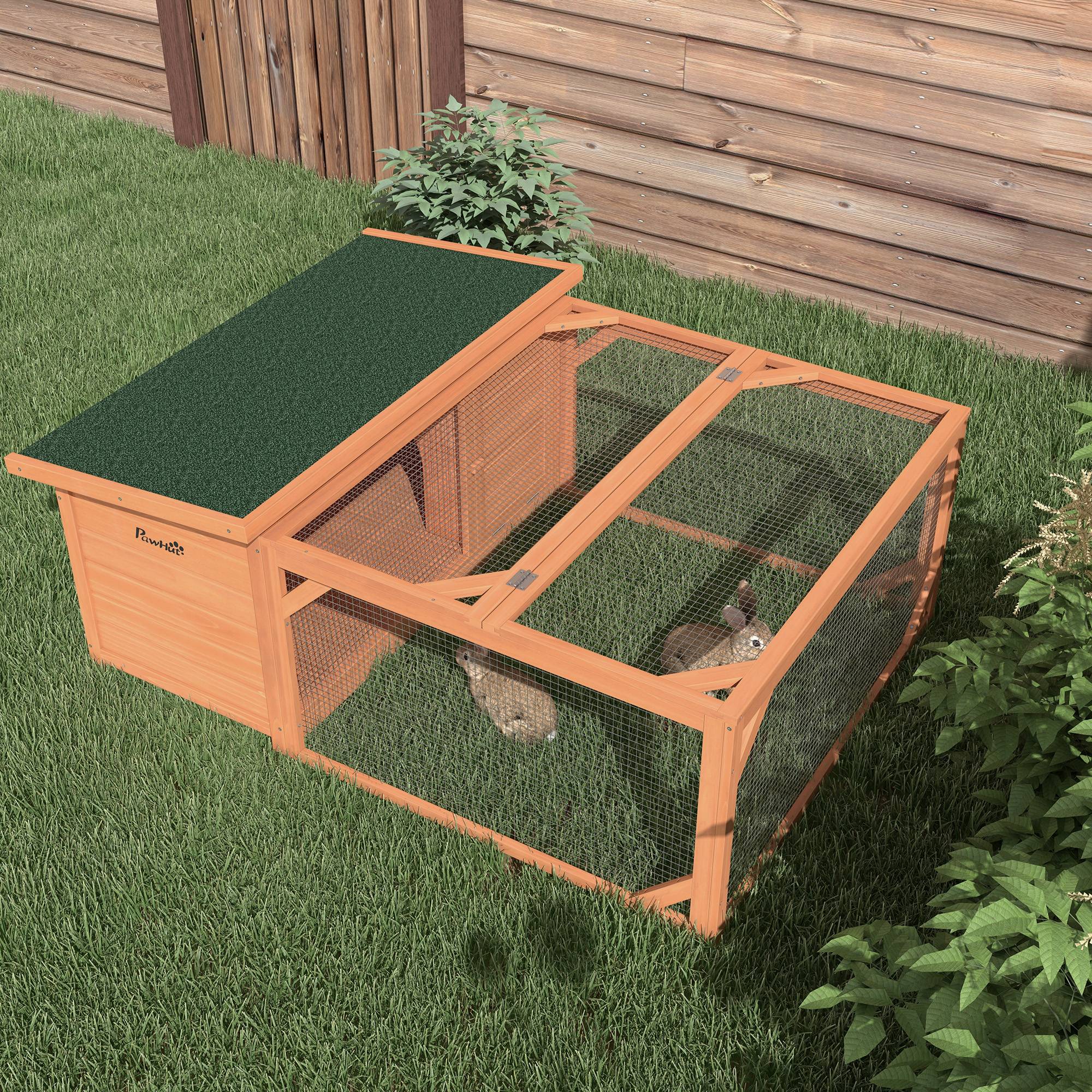 Clapier lapin extérieur bois sapin avec enclos toit asphalte ouvrant 125x100x49cm orange - ComfortXL Outdoor Living - Image 9