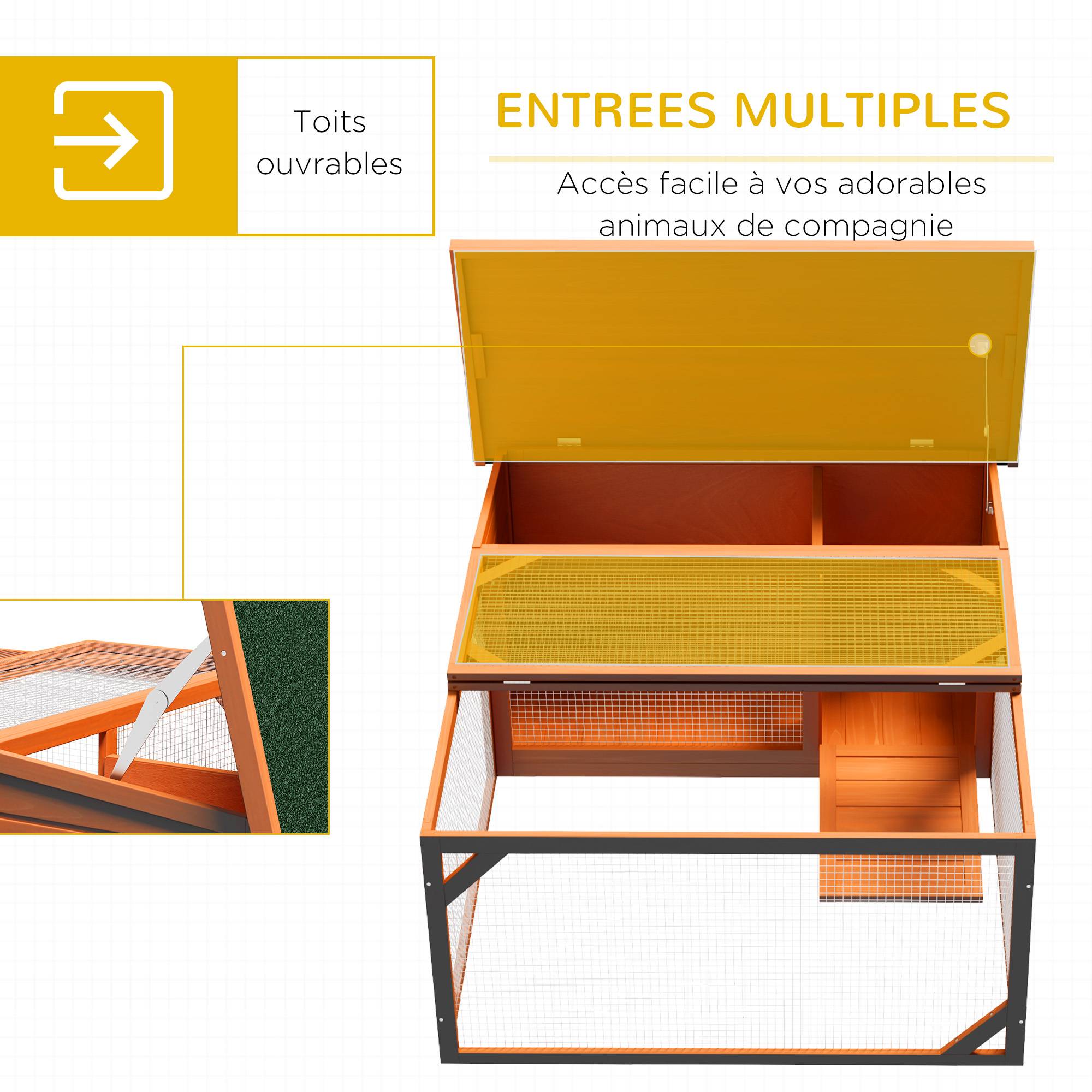 Clapier lapin extérieur bois sapin avec enclos toit asphalte ouvrant 125x100x49cm orange - ComfortXL Outdoor Living - Image 7