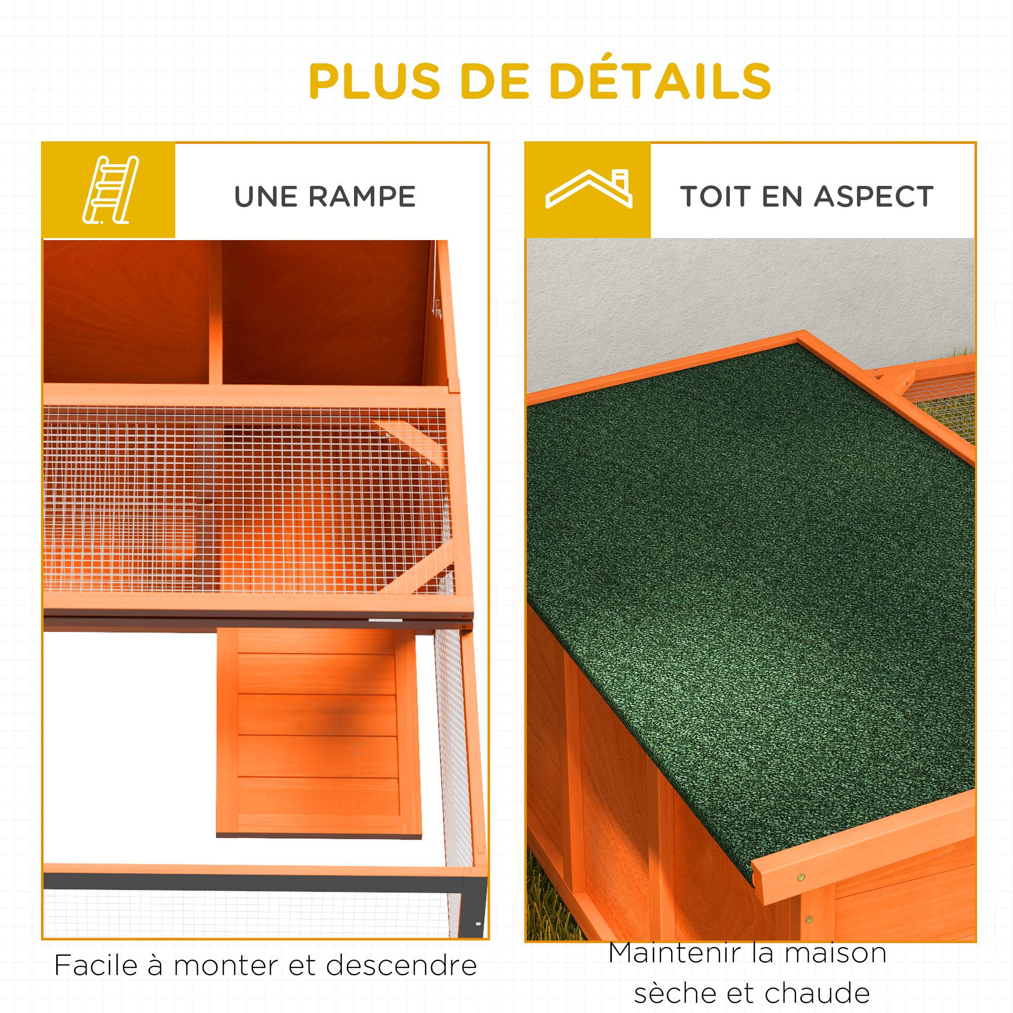 Clapier lapin extérieur bois sapin avec enclos toit asphalte ouvrant 125x100x49cm orange - ComfortXL Outdoor Living - Image 8