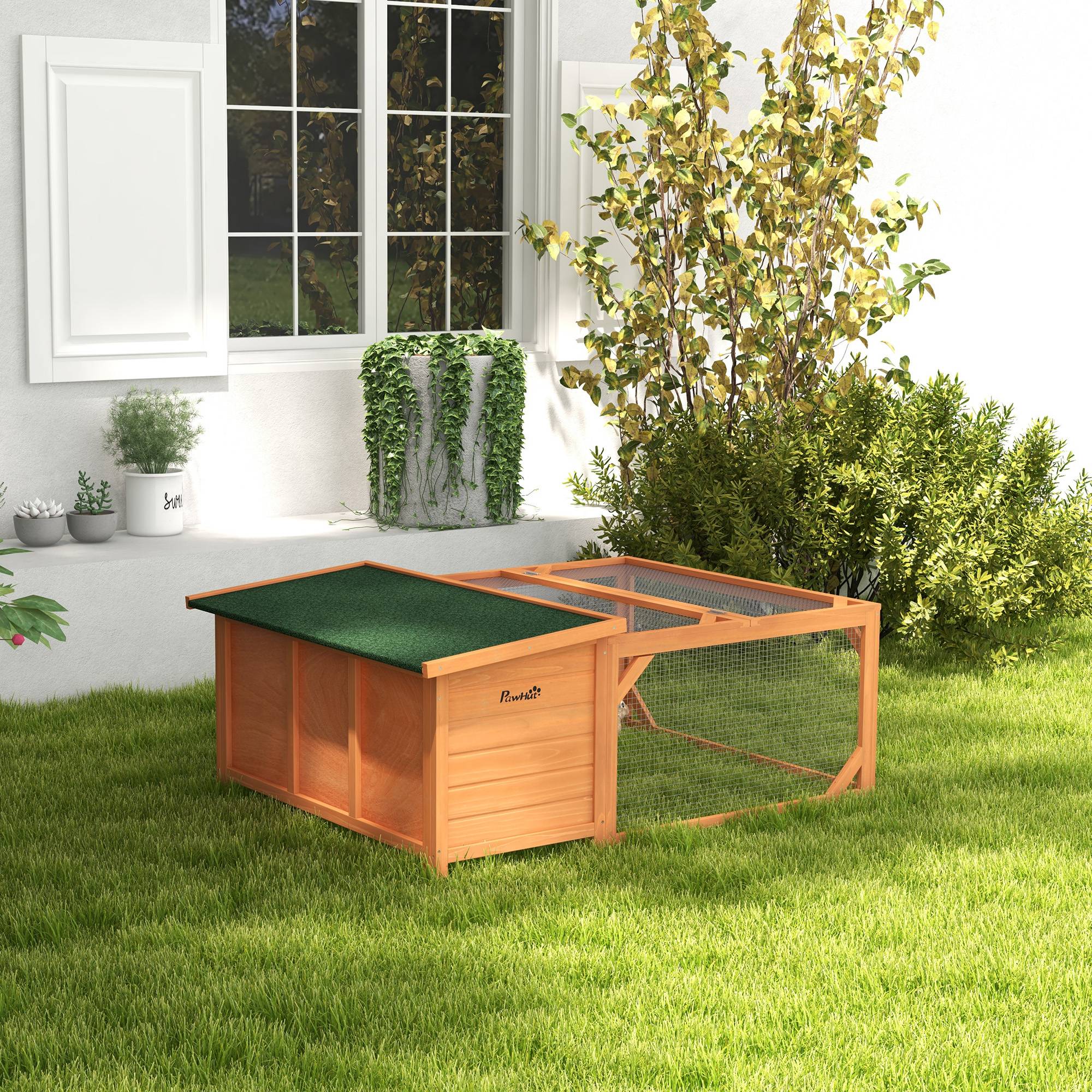 Clapier lapin extérieur bois sapin avec enclos toit asphalte ouvrant 125x100x49cm orange - ComfortXL Outdoor Living - Image 4