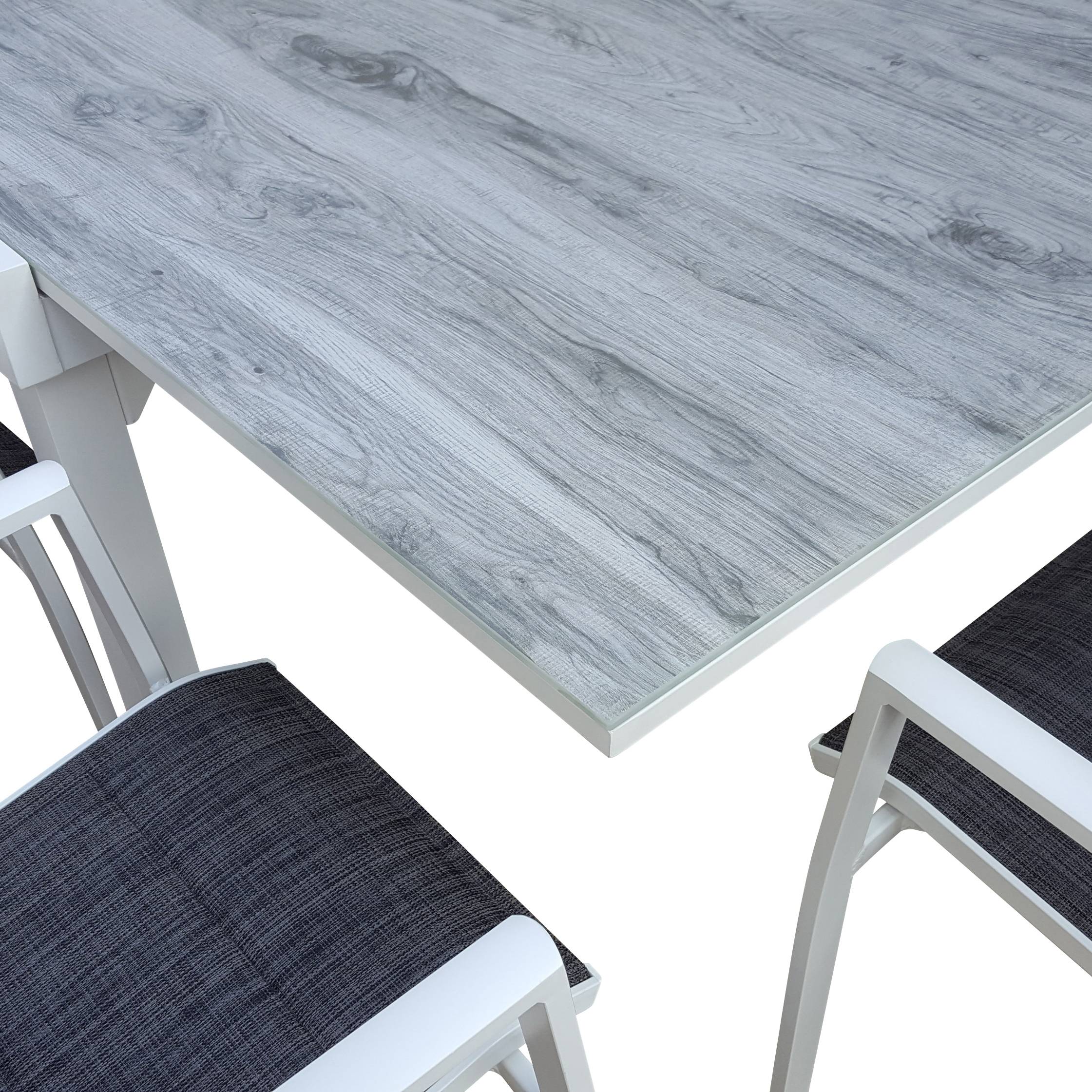 Wilsa Garden - Ensemble MODULO 8/12p en aluminium blanc et verre décors bois avec 12 fauteuils en textilène - Imagen 3