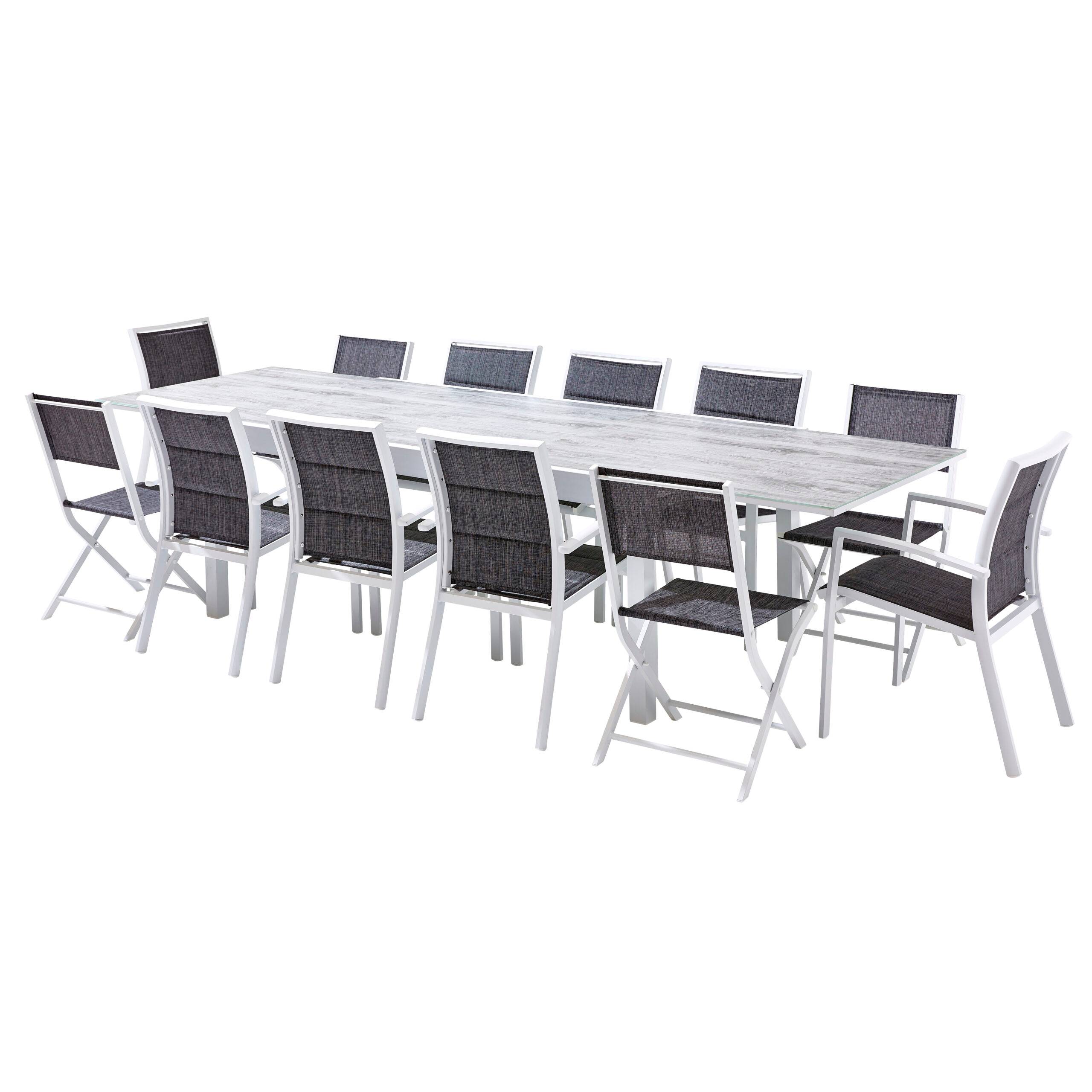 Wilsa Garden - Ensemble MODULO 8/12p en aluminium blanc et verre décors bois avec 12 fauteuils en textilène - Imagen 2
