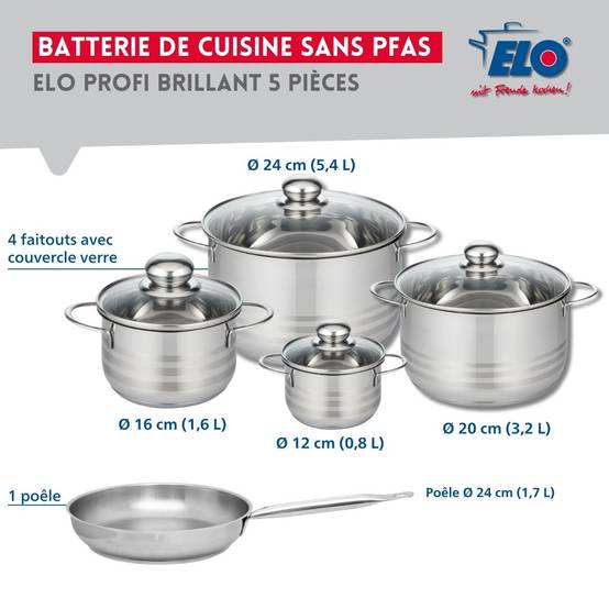 Ensemble de 1 Poêle de cuisson 24 cm et 4 faitouts 12, 16, 20 et 24 cm Elo Profi Brillant - Image 2