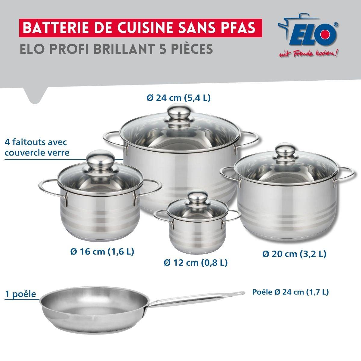 Ensemble de 1 Poêle de cuisson 24 cm et 4 faitouts 12, 16, 20 et 24 cm Elo Profi Brillant - Image 2