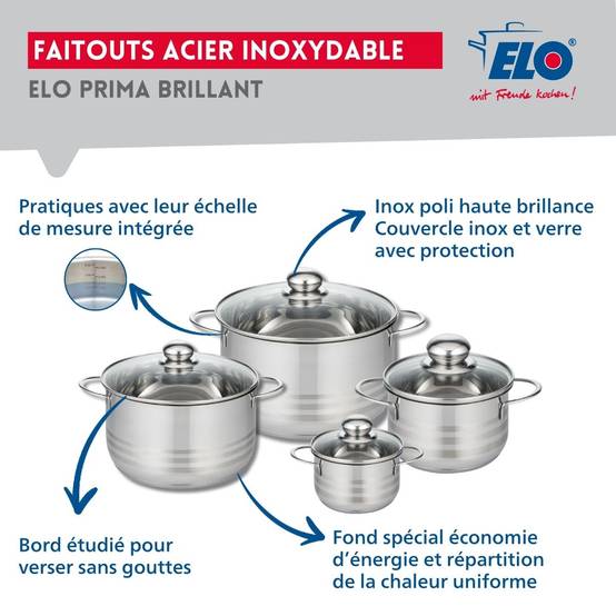 Ensemble de 1 Poêle de cuisson 24 cm et 4 faitouts 12, 16, 20 et 24 cm Elo Profi Brillant - Image 3