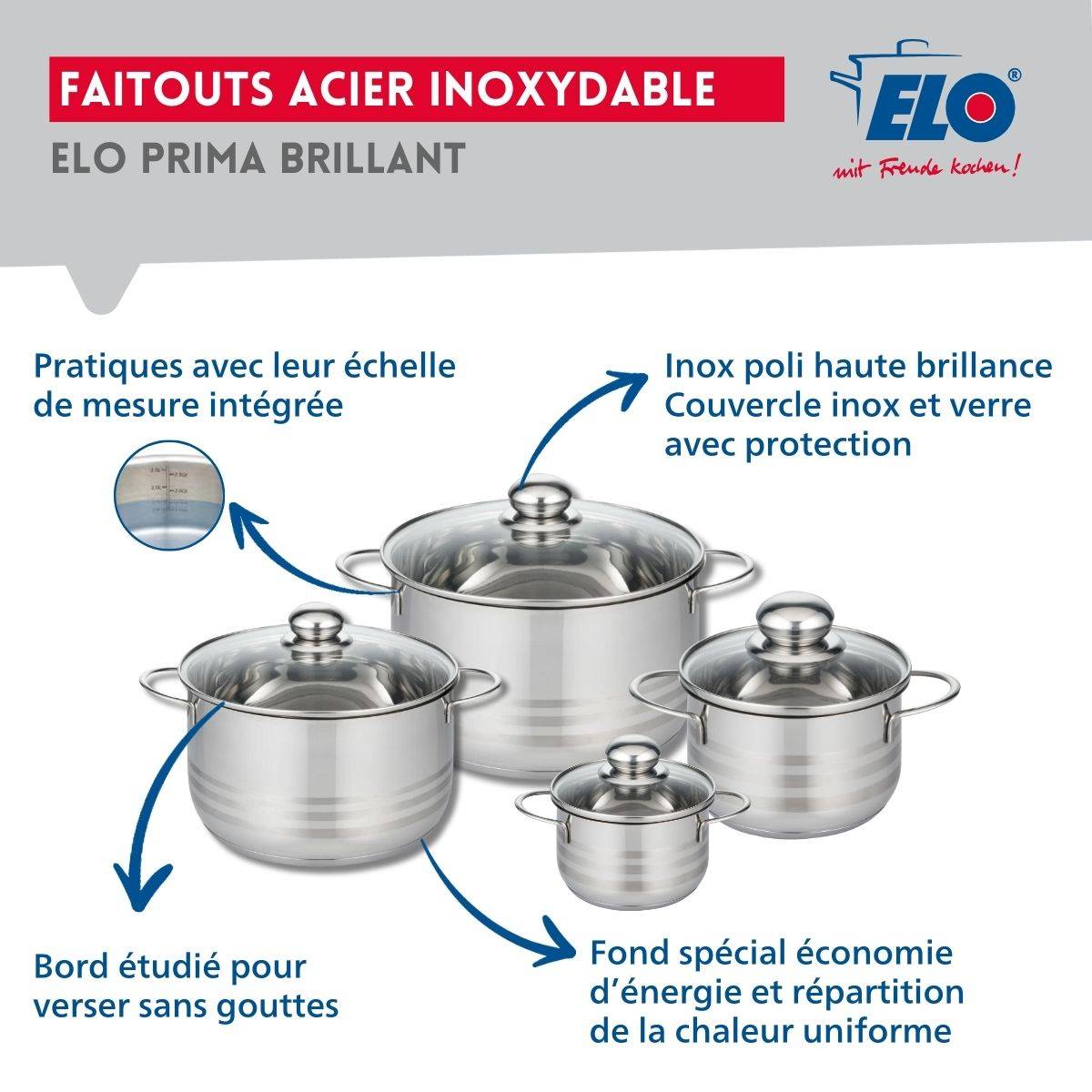 Ensemble de 1 Poêle de cuisson 24 cm et 4 faitouts 12, 16, 20 et 24 cm Elo Profi Brillant - Image 3
