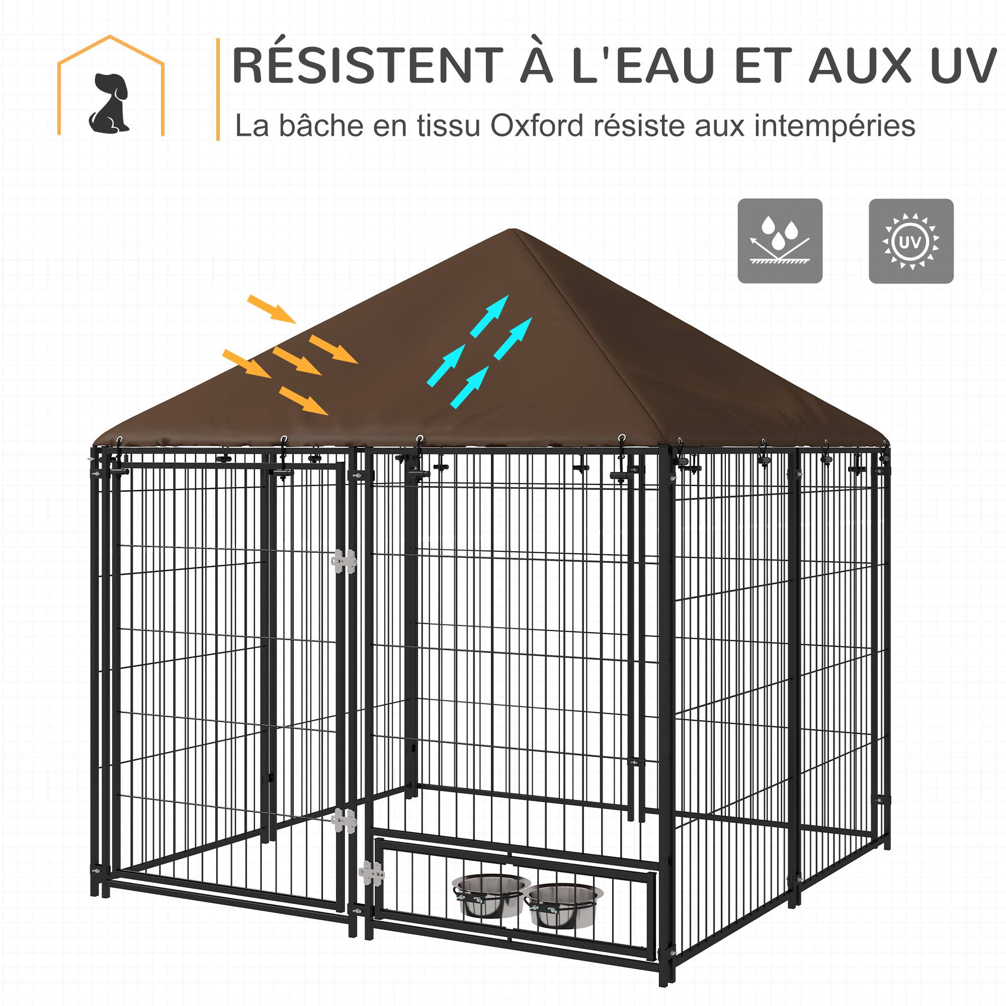 Chenil extérieur en métal pour chiens avec toit imperméable 141x141cm Café - ComfortXL Outdoor Living - Image 7