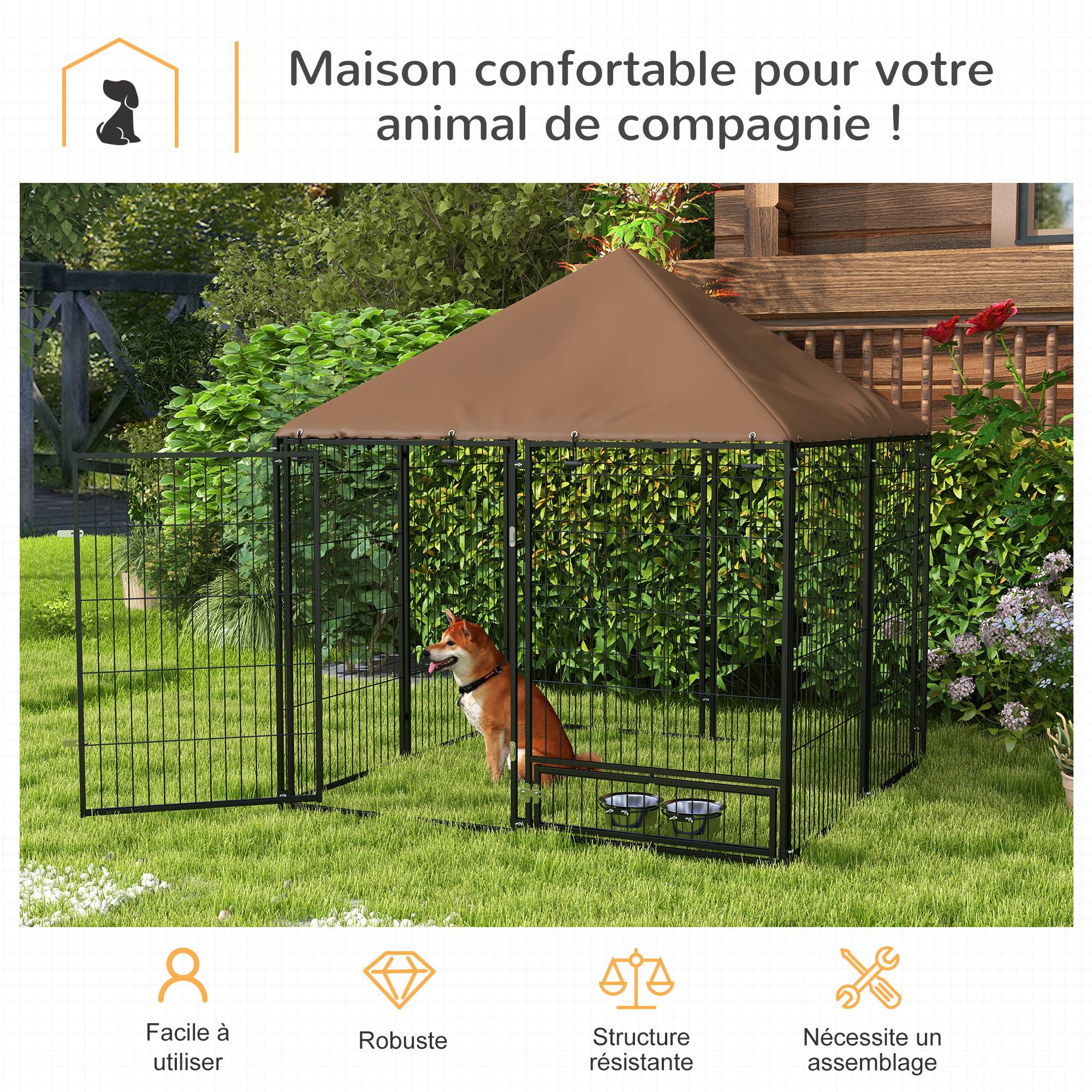 Chenil extérieur en métal pour chiens avec toit imperméable 141x141cm Café - ComfortXL Outdoor Living - Image 6